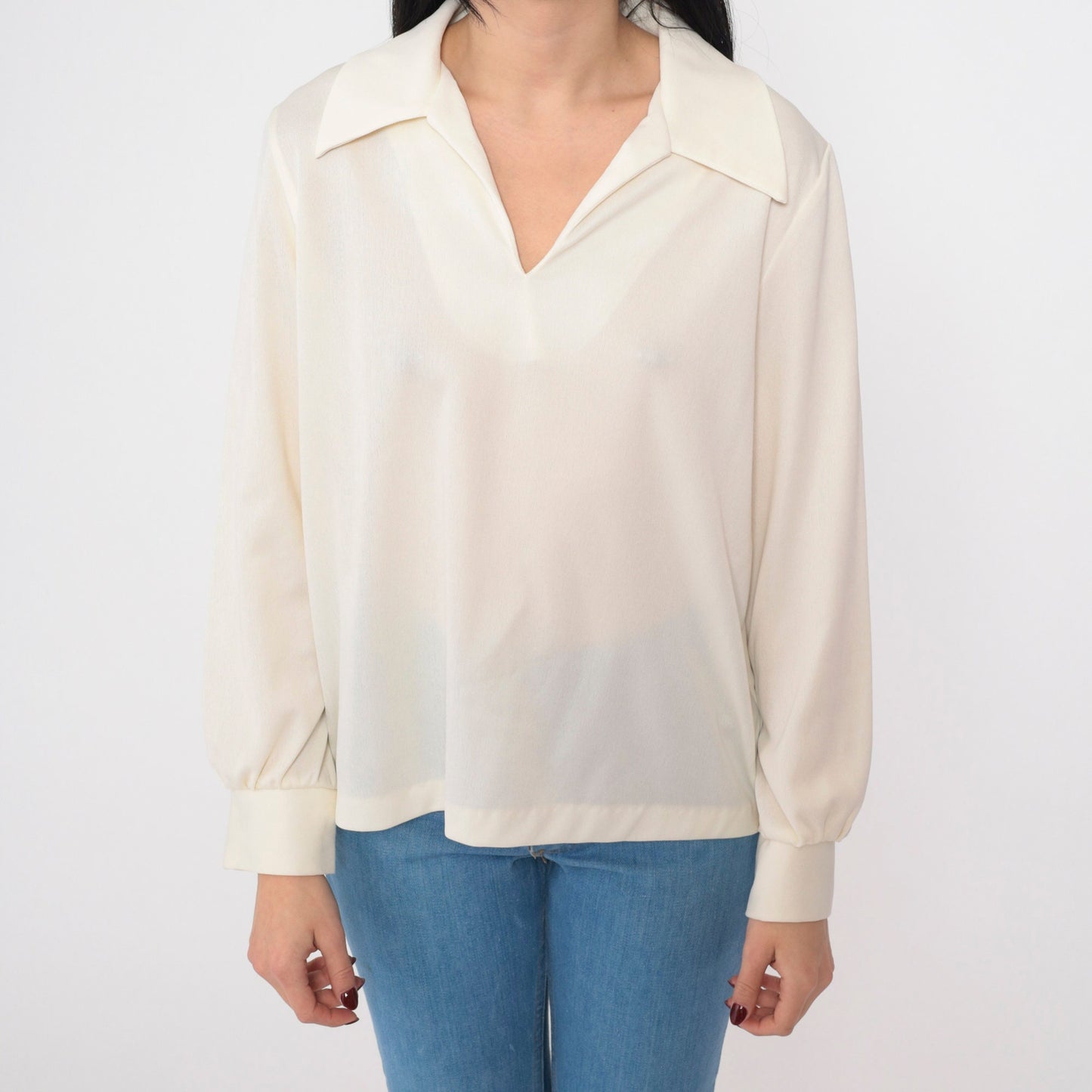 70s Off-White Semi-Sheer Collared Blouse Long Sleeve V Neck Medium