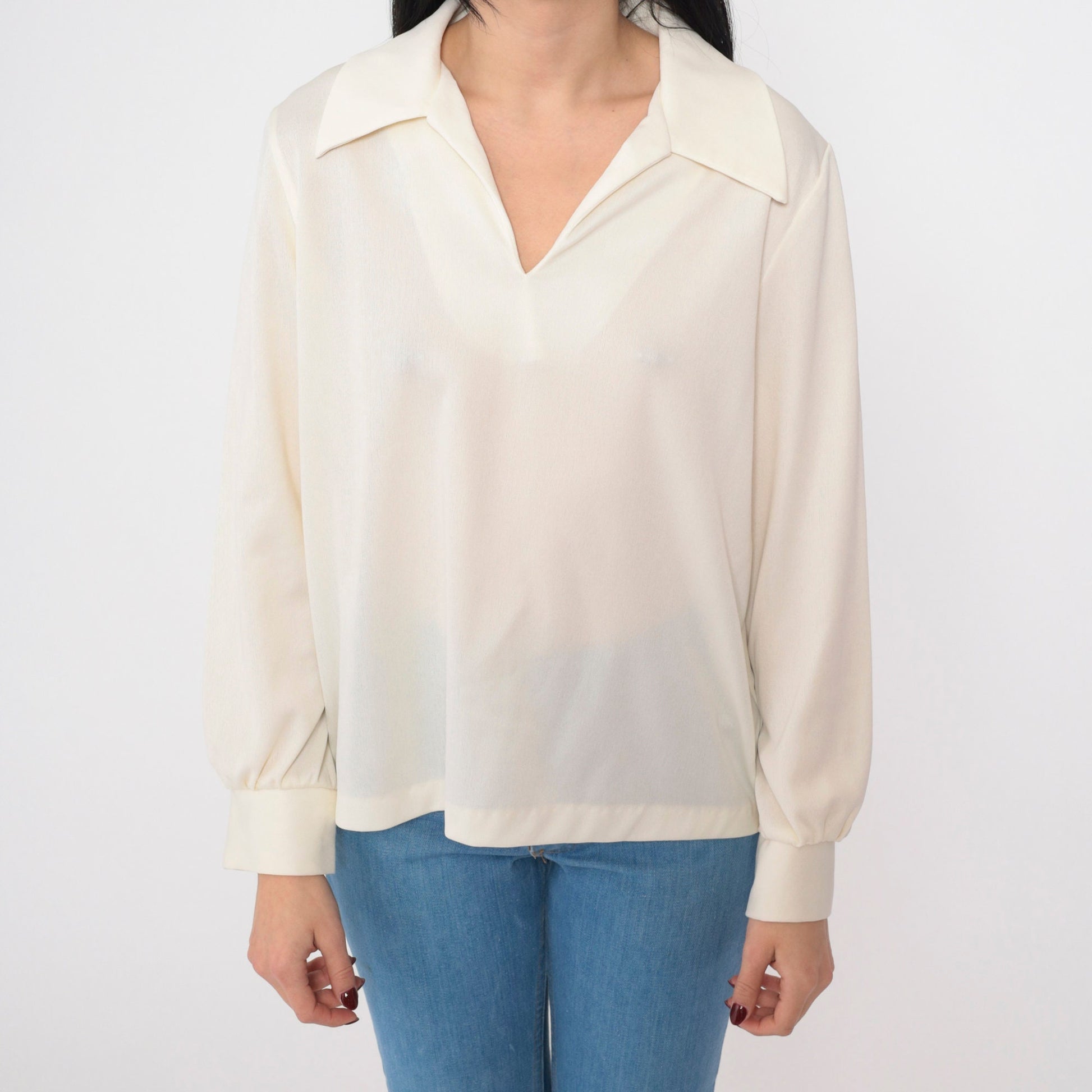 70s Off-White Semi-Sheer Collared Blouse Long Sleeve V Neck Medium