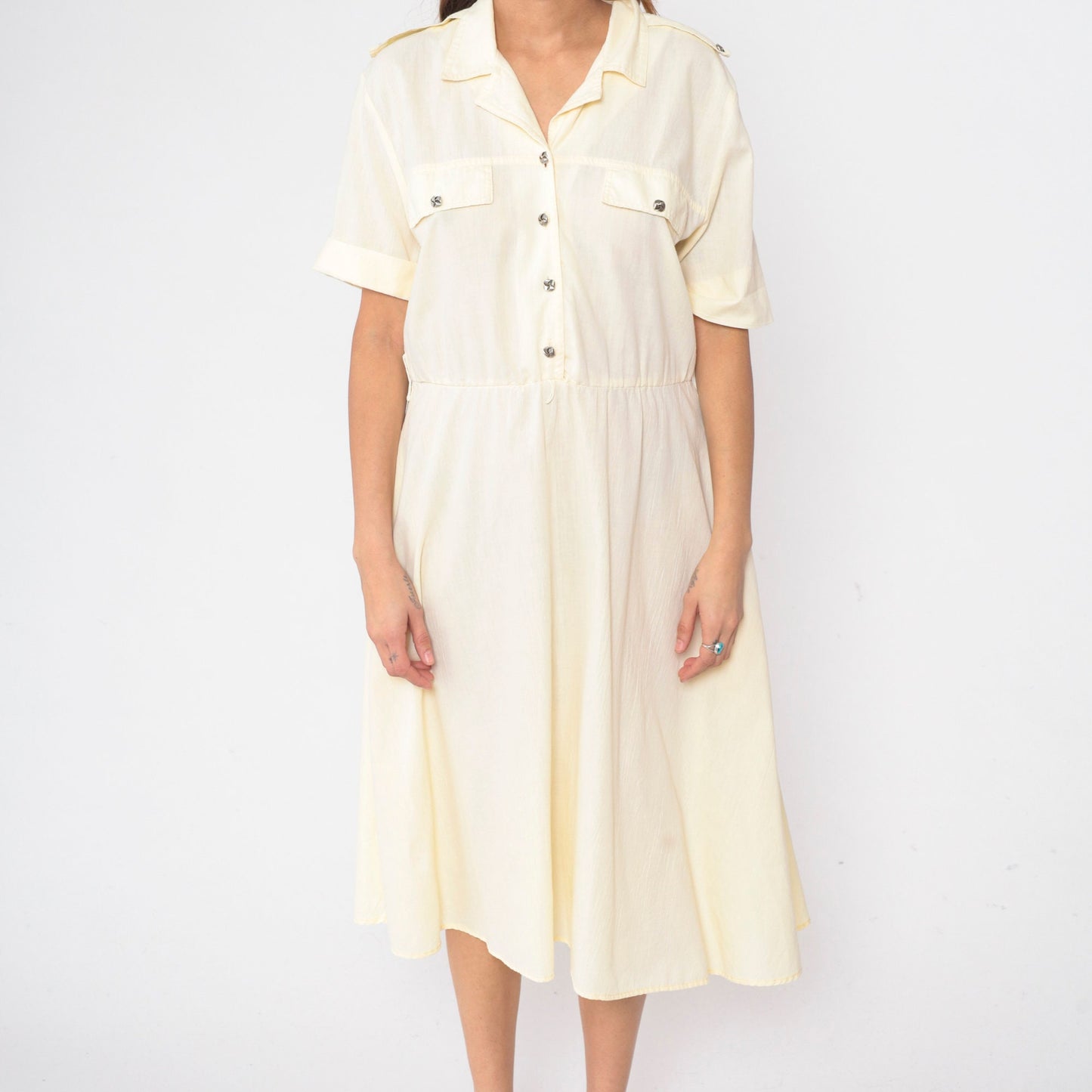 90s Pale Yellow Midi Shirt Dress High Waist Epaulette Button Up Large