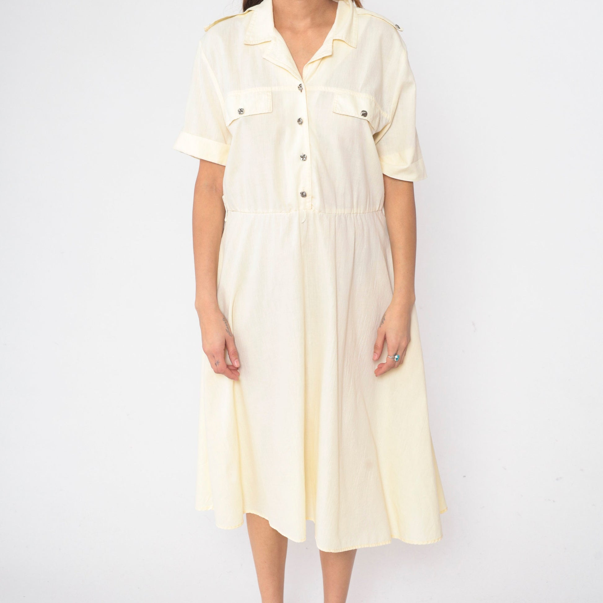 90s Pale Yellow Midi Shirt Dress High Waist Epaulette Button Up Large