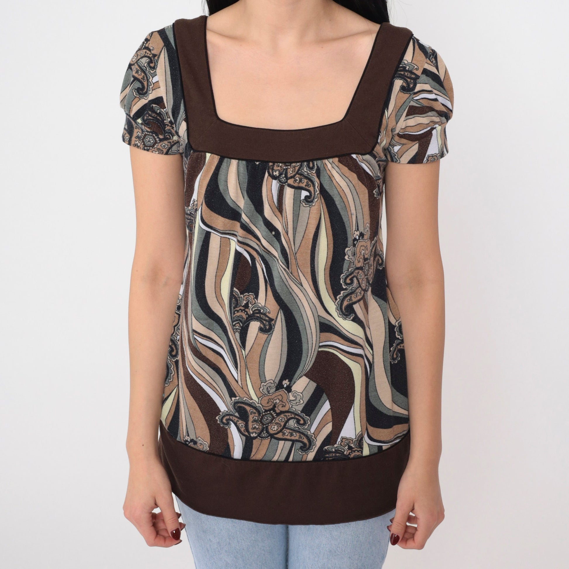 Y2K Abstract Floral Paisley Puff Sleeve Blouse Brown Short Sleeve Small S