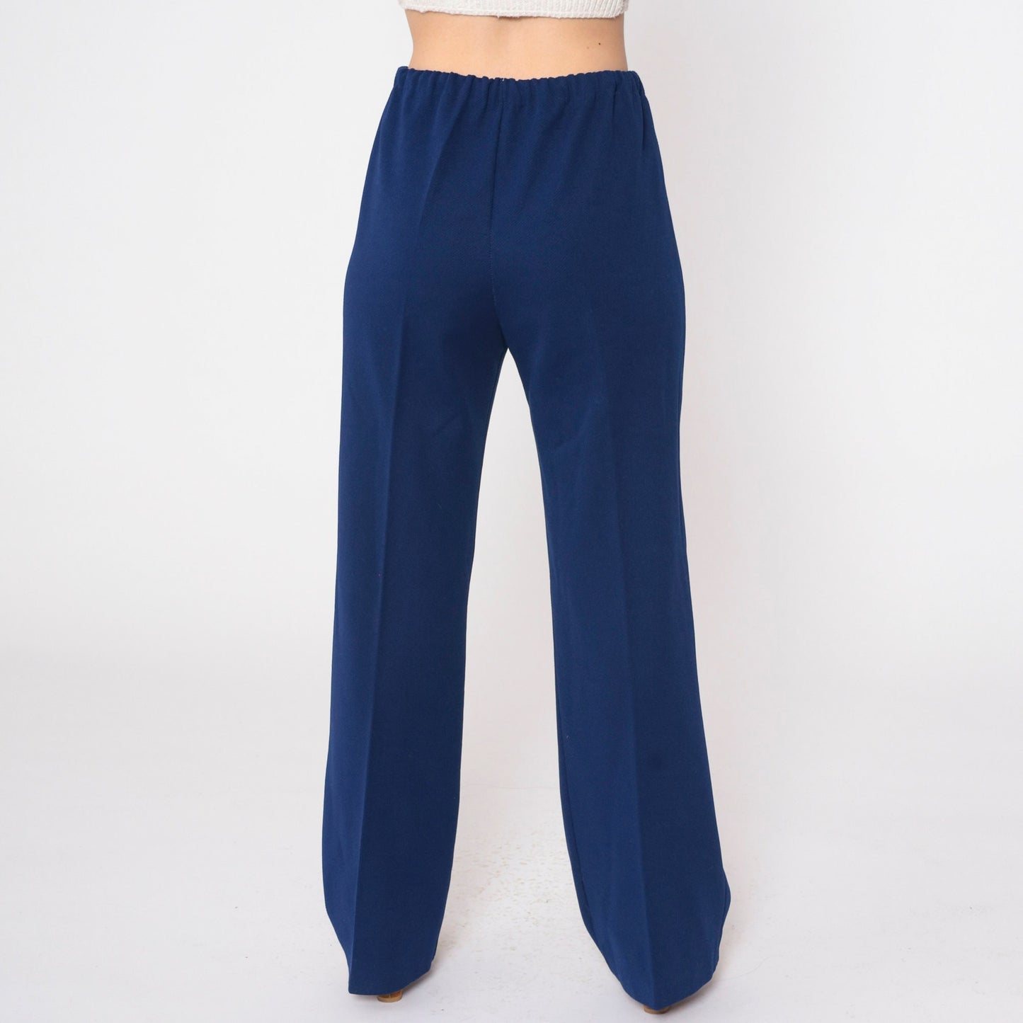 70s Navy High-Waisted Straight Leg Trousers Elastic Waist Small
