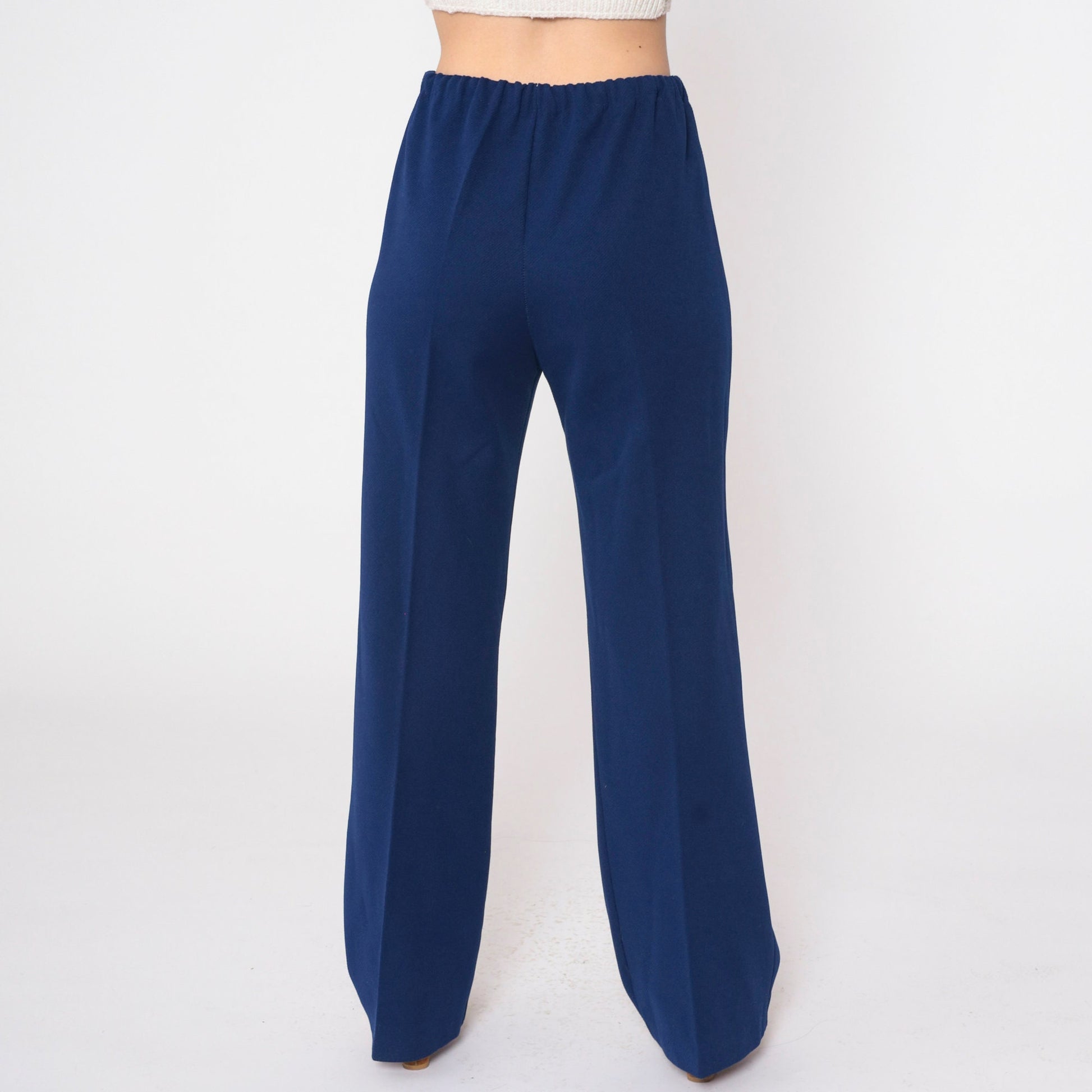 70s Navy High-Waisted Straight Leg Trousers Elastic Waist Small