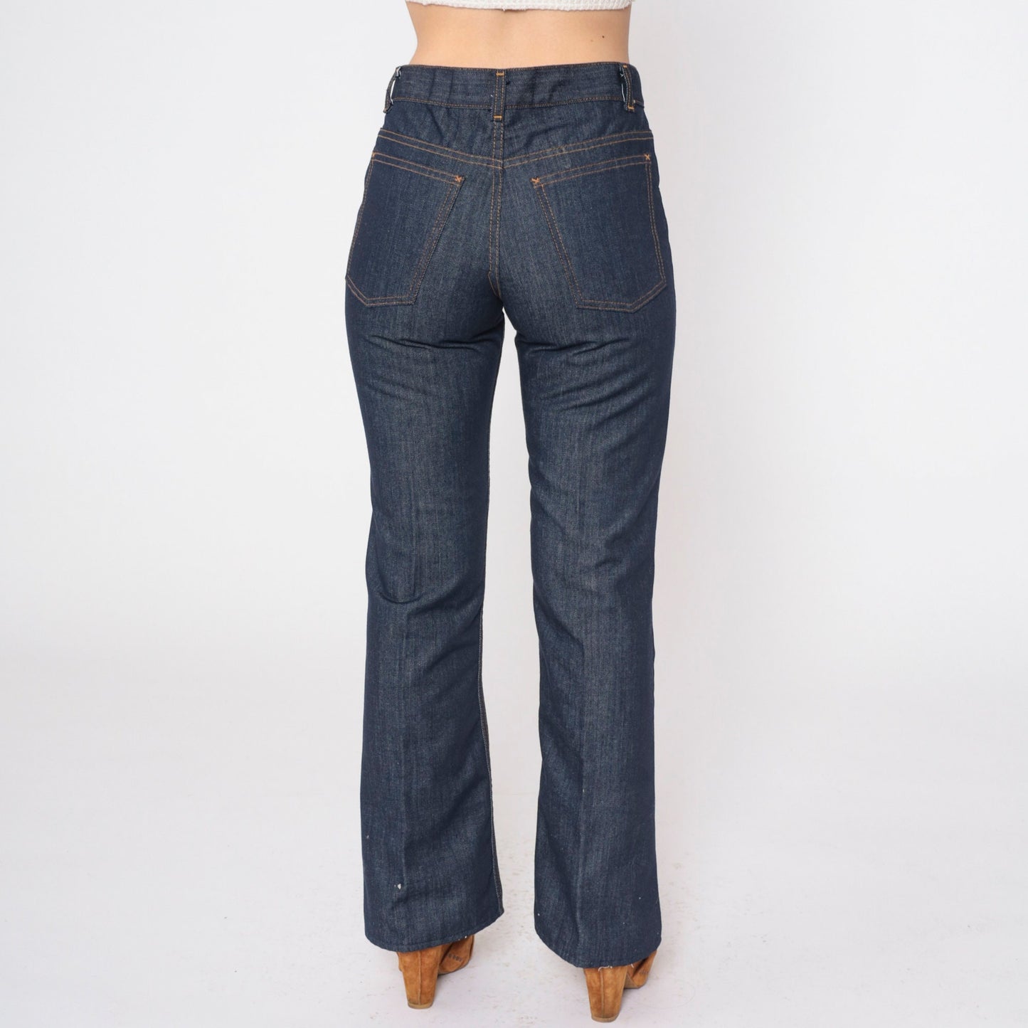 80s Dark Blue Flared Denim Jeans Mid Rise Orange Topstitch Small S