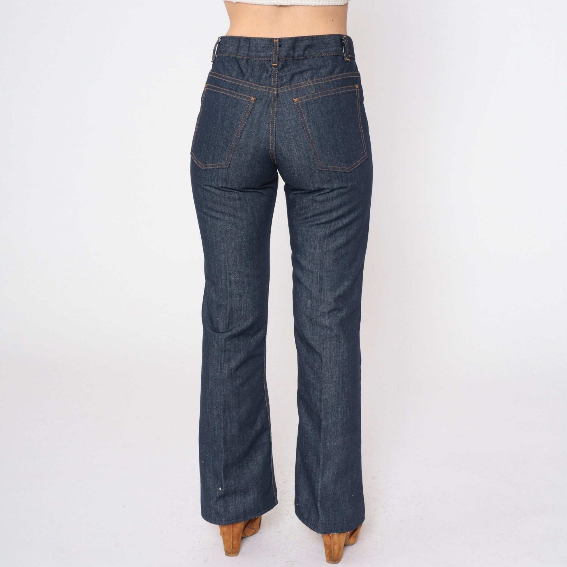 80s Dark Blue Flared Denim Jeans Mid Rise Orange Topstitch Small S