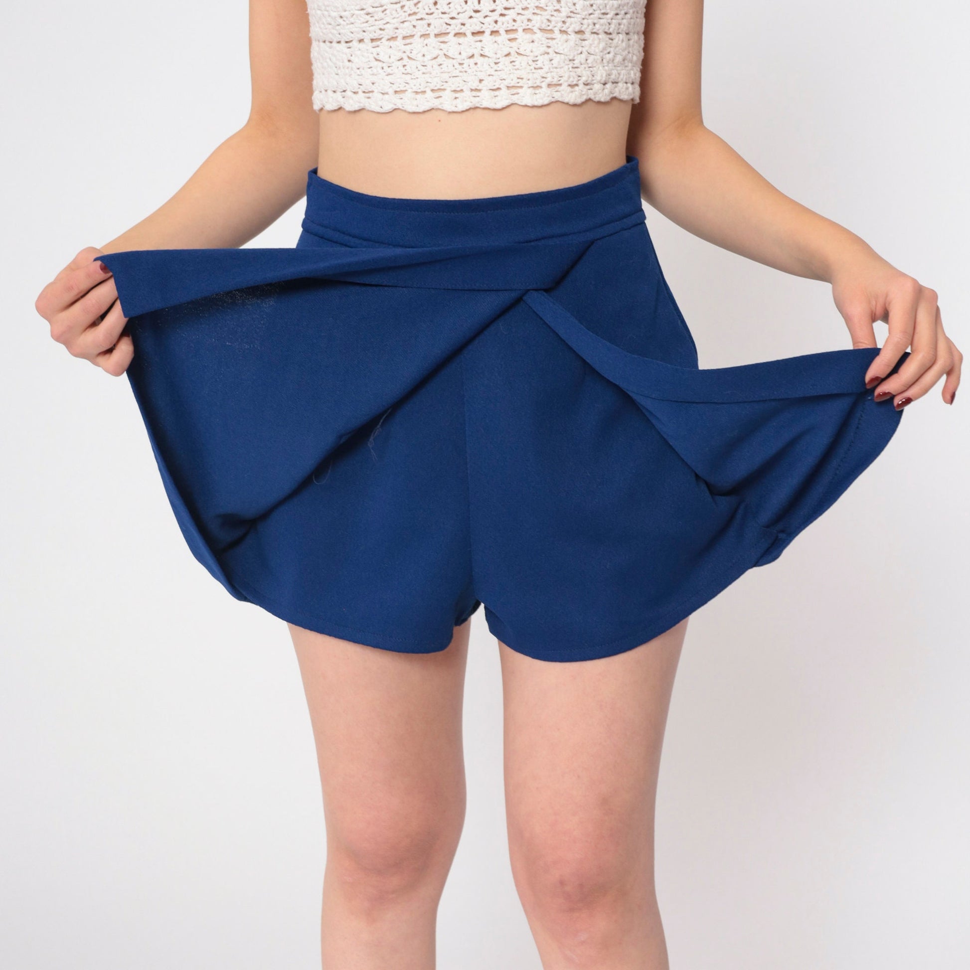 70s Navy Skort Floral Embroidered High Waisted Mini A Line Small S