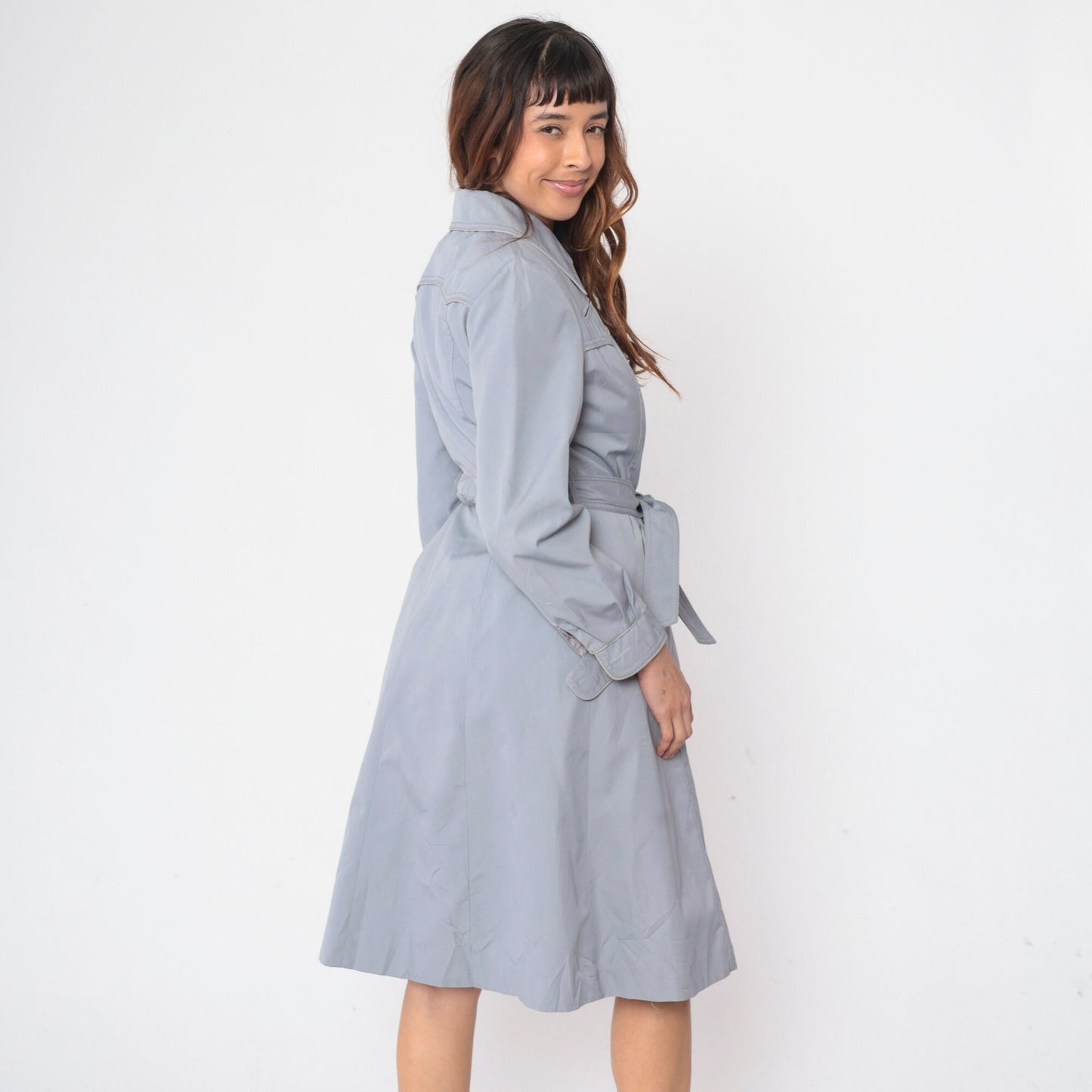 70s Muted Blue Trench Coat Western Yoke Button-Up Belted Jacket Small
