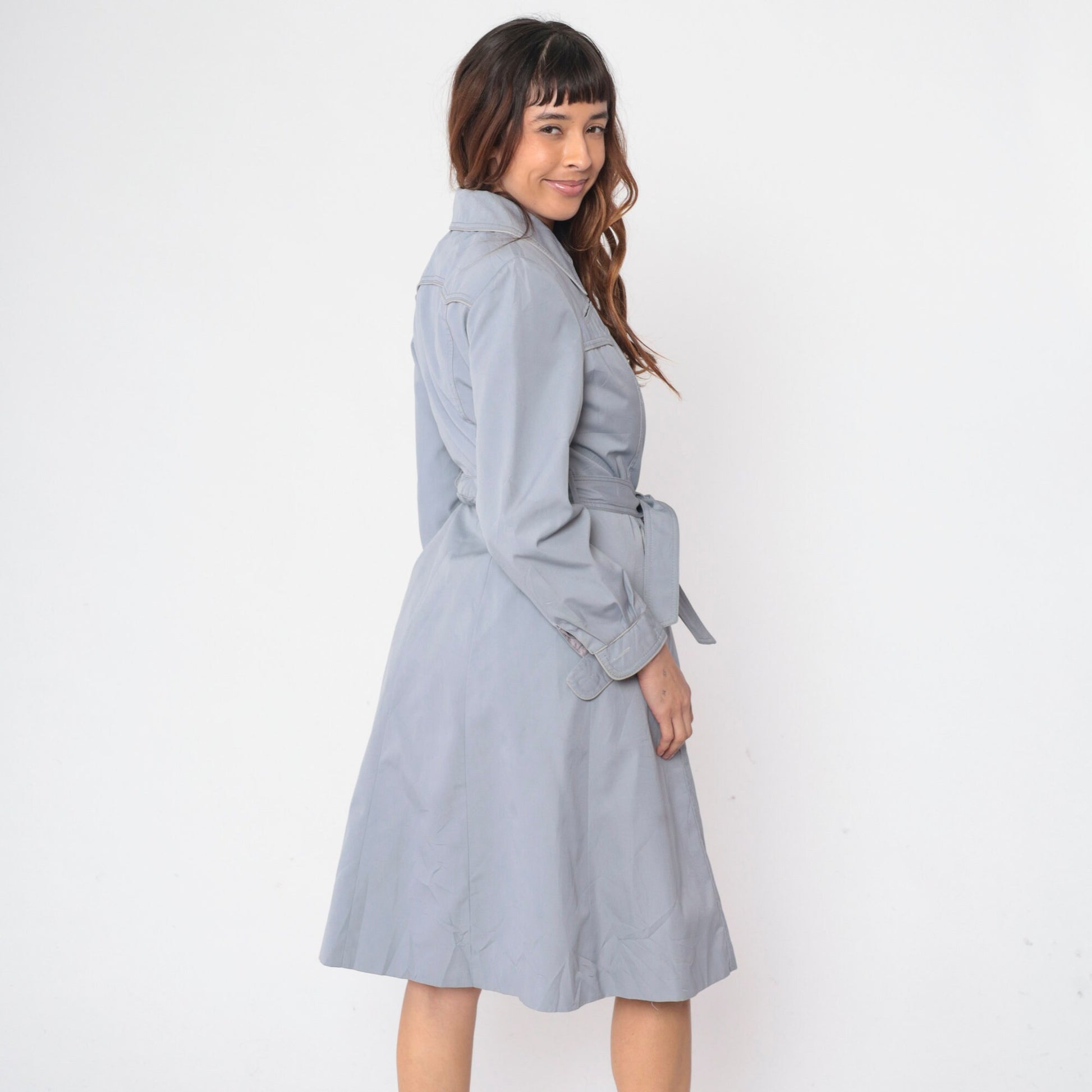 70s Muted Blue Trench Coat Western Yoke Button-Up Belted Jacket Small