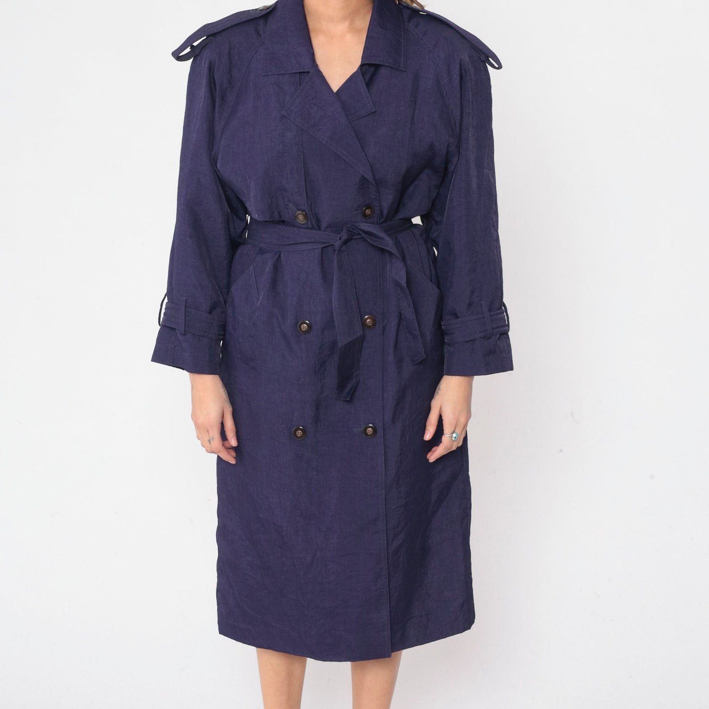 90s Purple Trench Coat Double Breasted Epaulette Belted Midi Jacket Medium