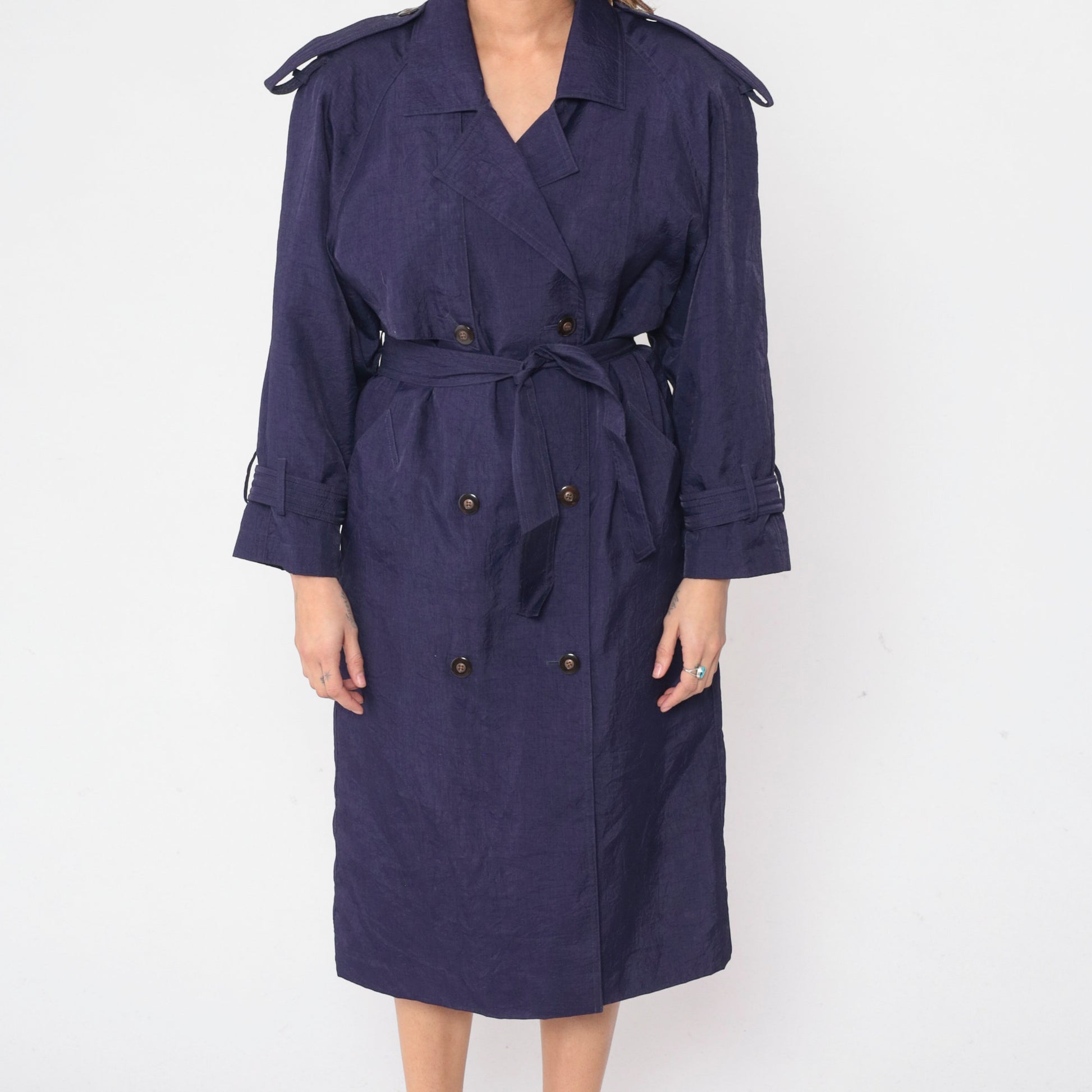 90s Purple Trench Coat Double Breasted Epaulette Belted Midi Jacket Medium