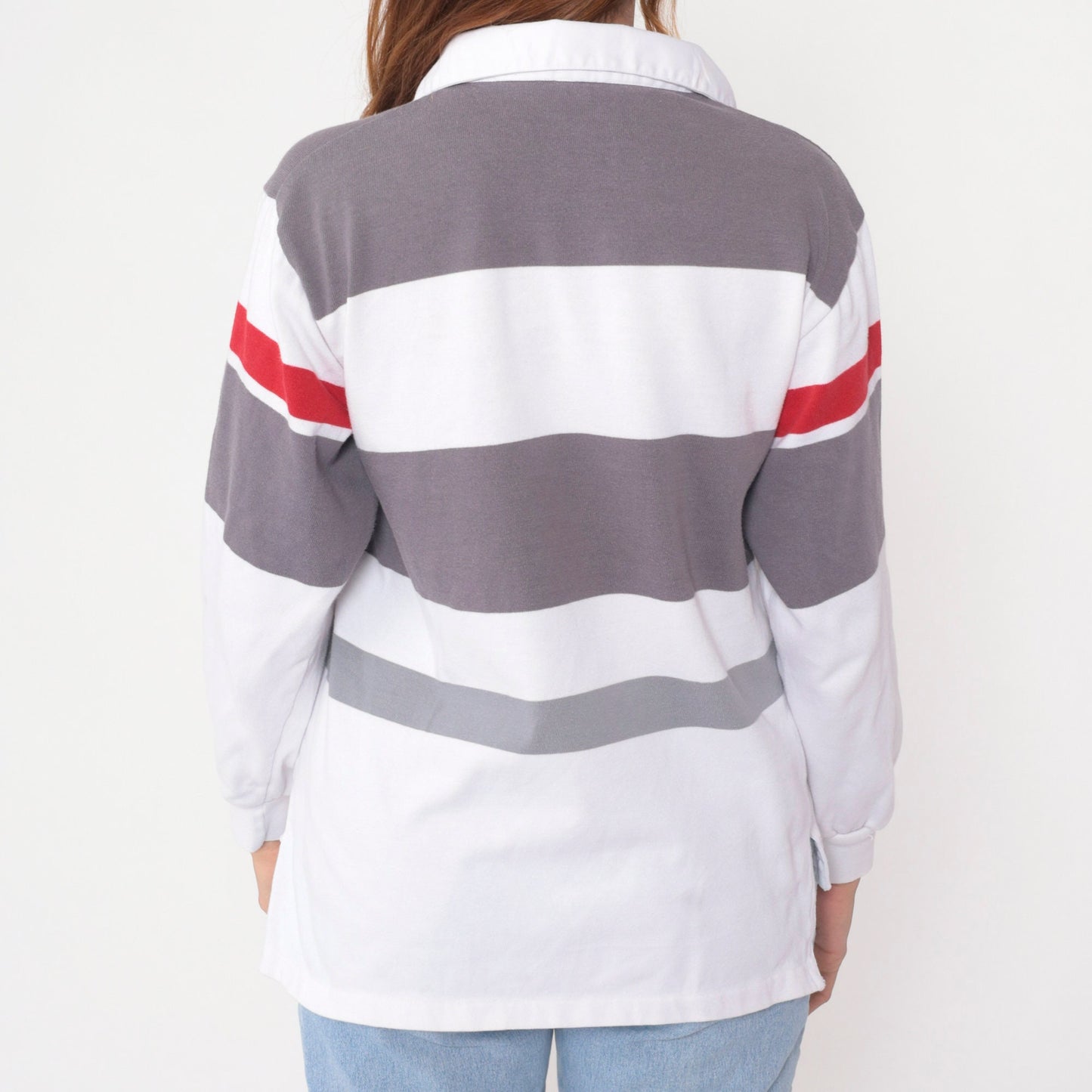 90s Shore Club Striped Rugby Shirt White Grey Red Long Sleeve Polo Medium