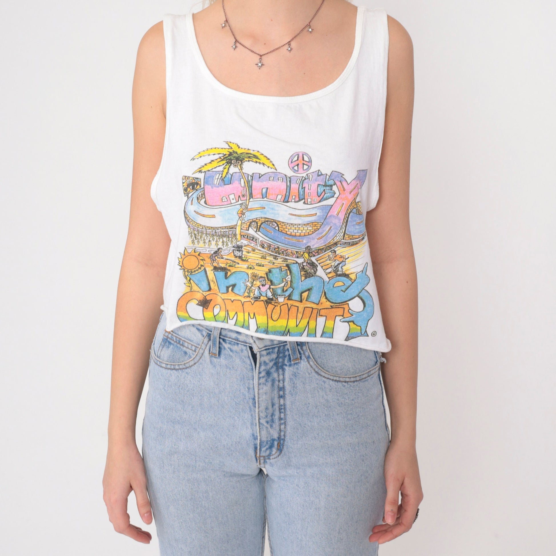 90s Unity In The Community Crop Tank Top White Graphic Tee Medium