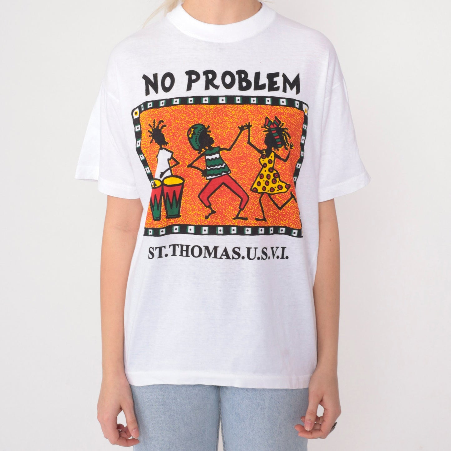 90s St Thomas Virgin Islands No Problem Rasta Graphic Tee White Cotton Medium
