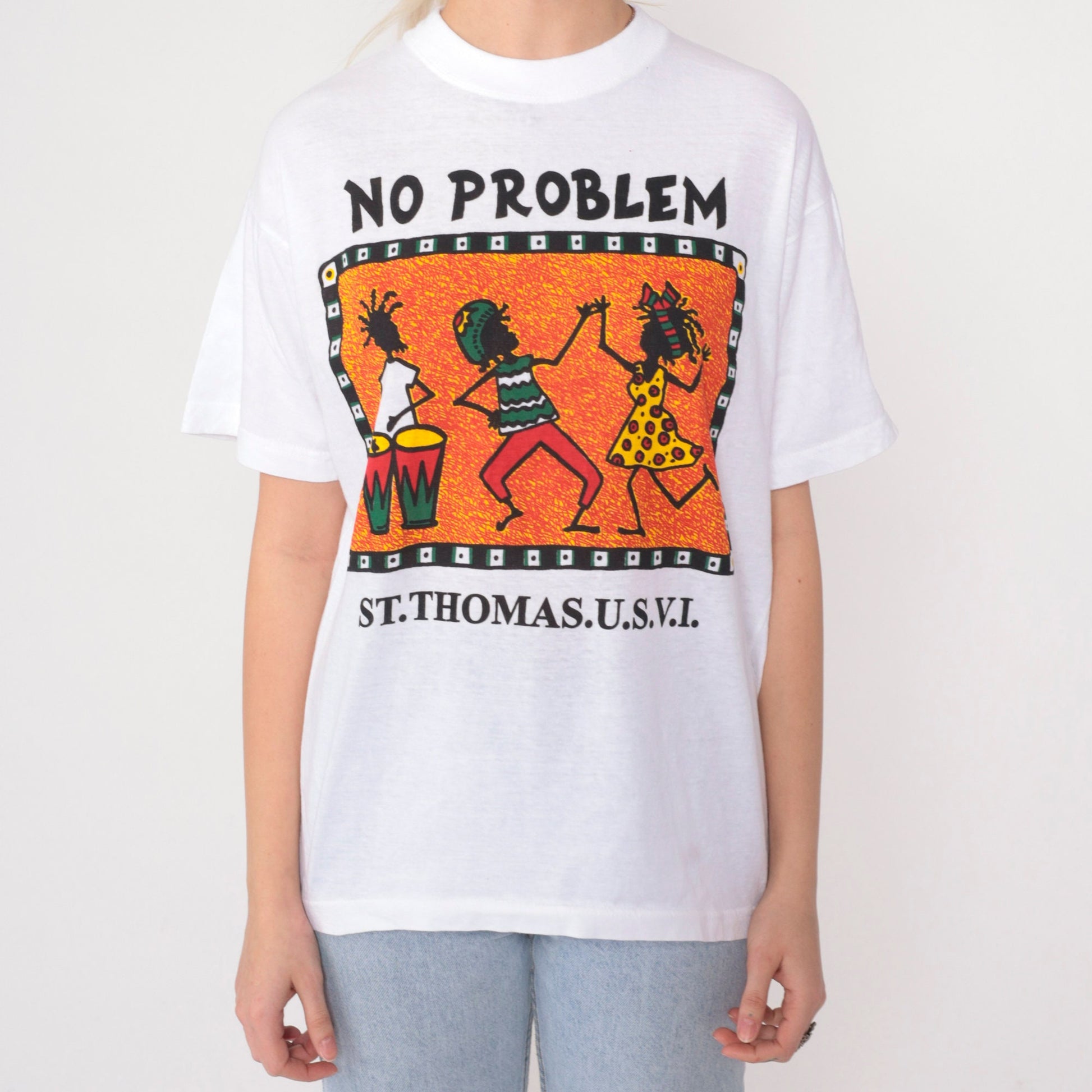 90s St Thomas Virgin Islands No Problem Rasta Graphic Tee White Cotton Medium