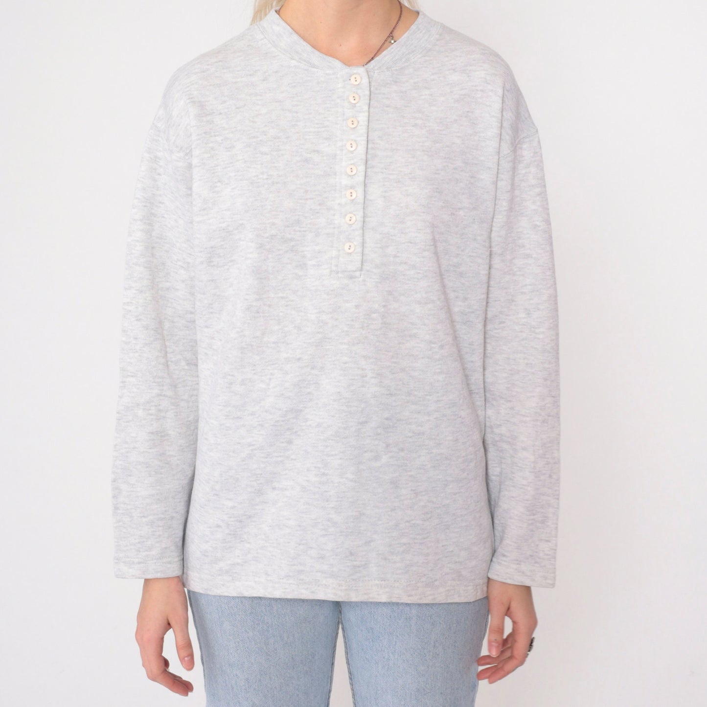 90s Heather Grey Henley Long Sleeve Button Neck Shirt Medium