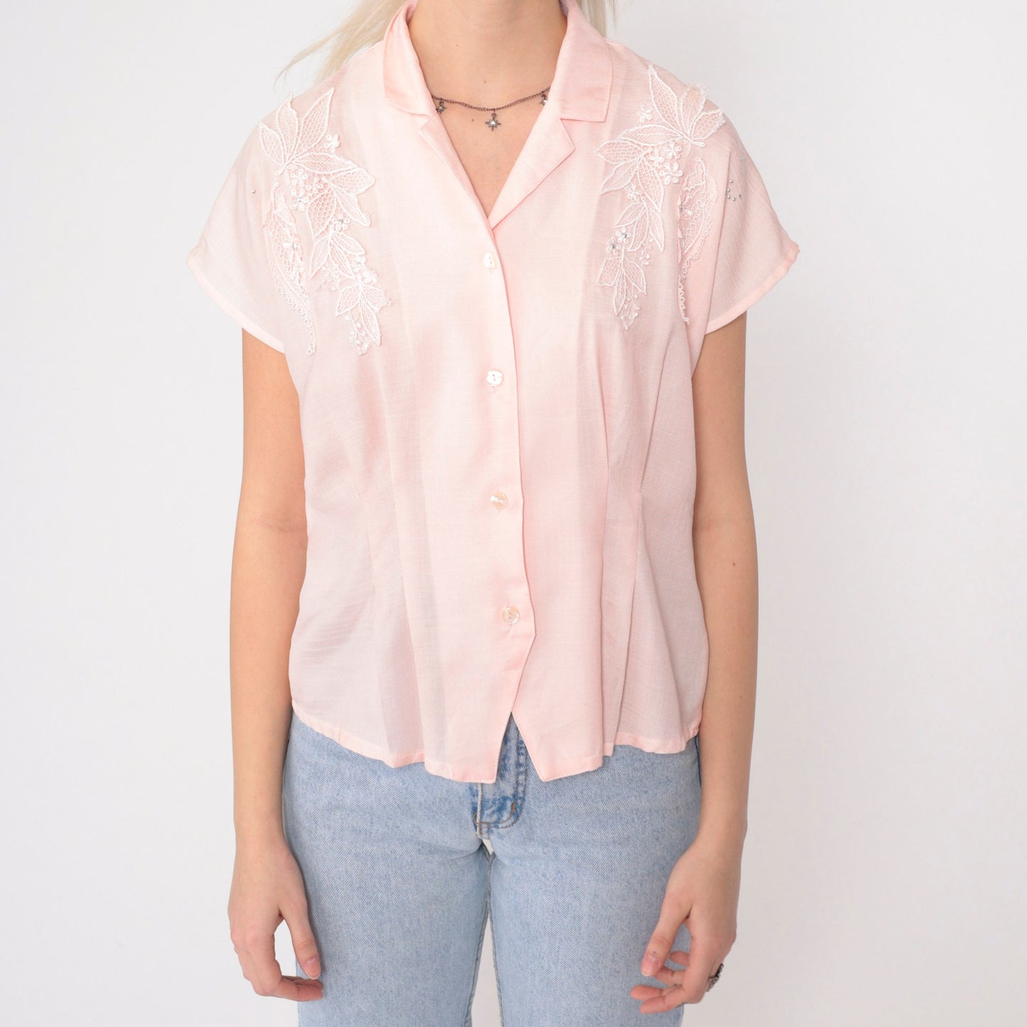 80s Baby Pink Lace Appliqué Button-Up Blouse Silver Studs Short Sleeve Medium