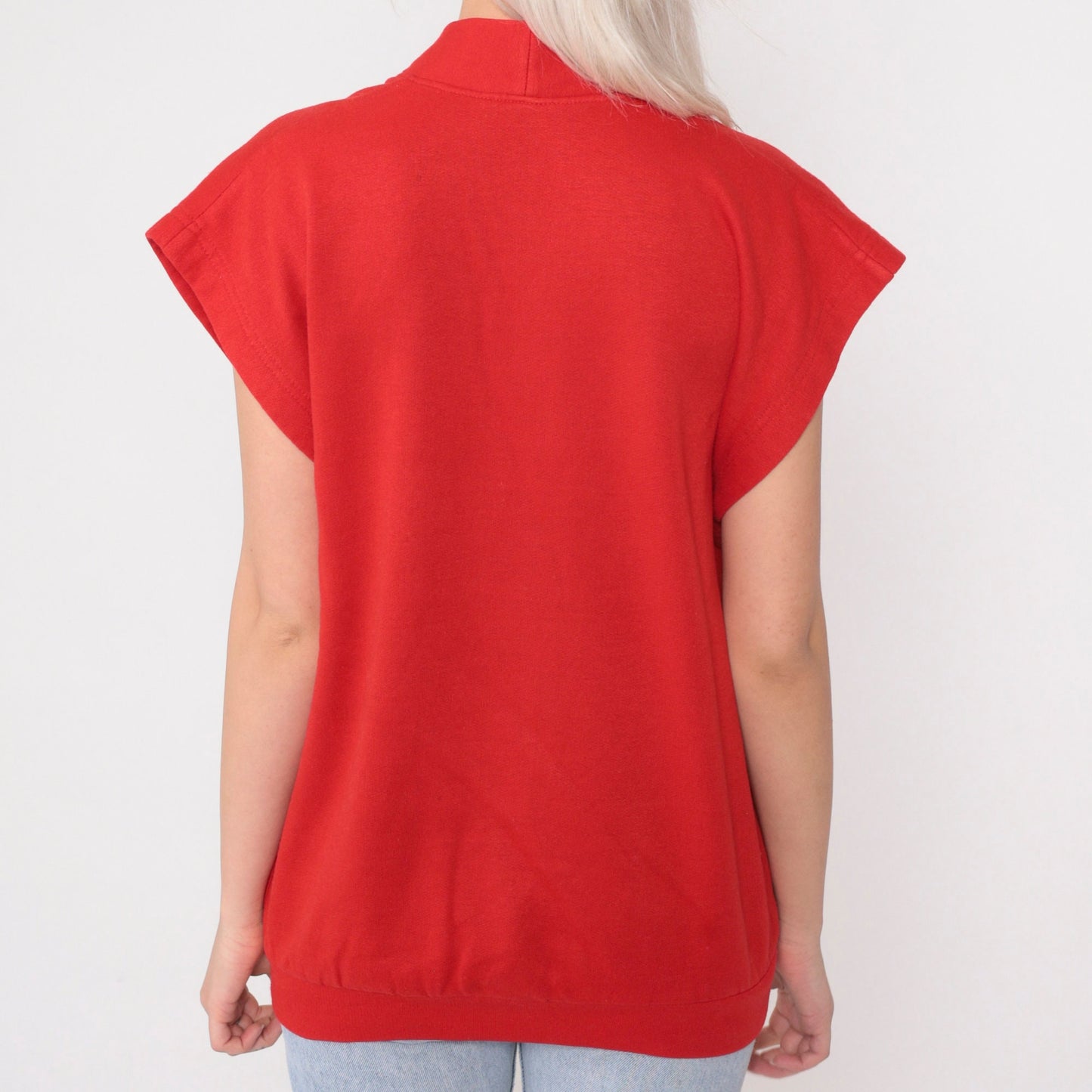 90s Red Sweatshirt Vest Button-Up V-Neck Cap Sleeve Medium M