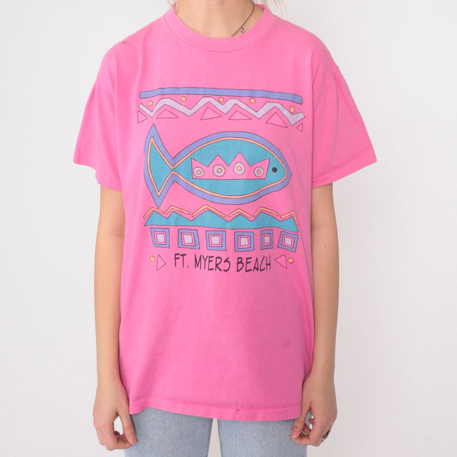 90s Fort Myers Beach Tropical Fish Graphic Tee Hot Pink Cotton Medium