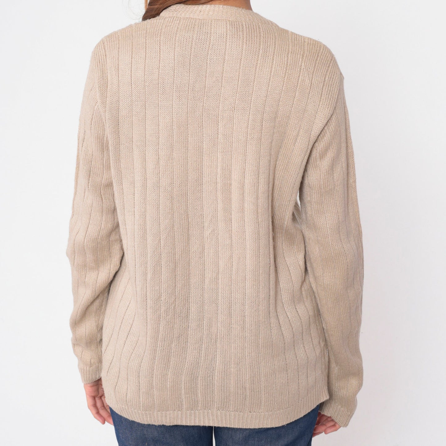 90s Taupe Ribbed Knit Cardigan Button-Up V-Neck Small S