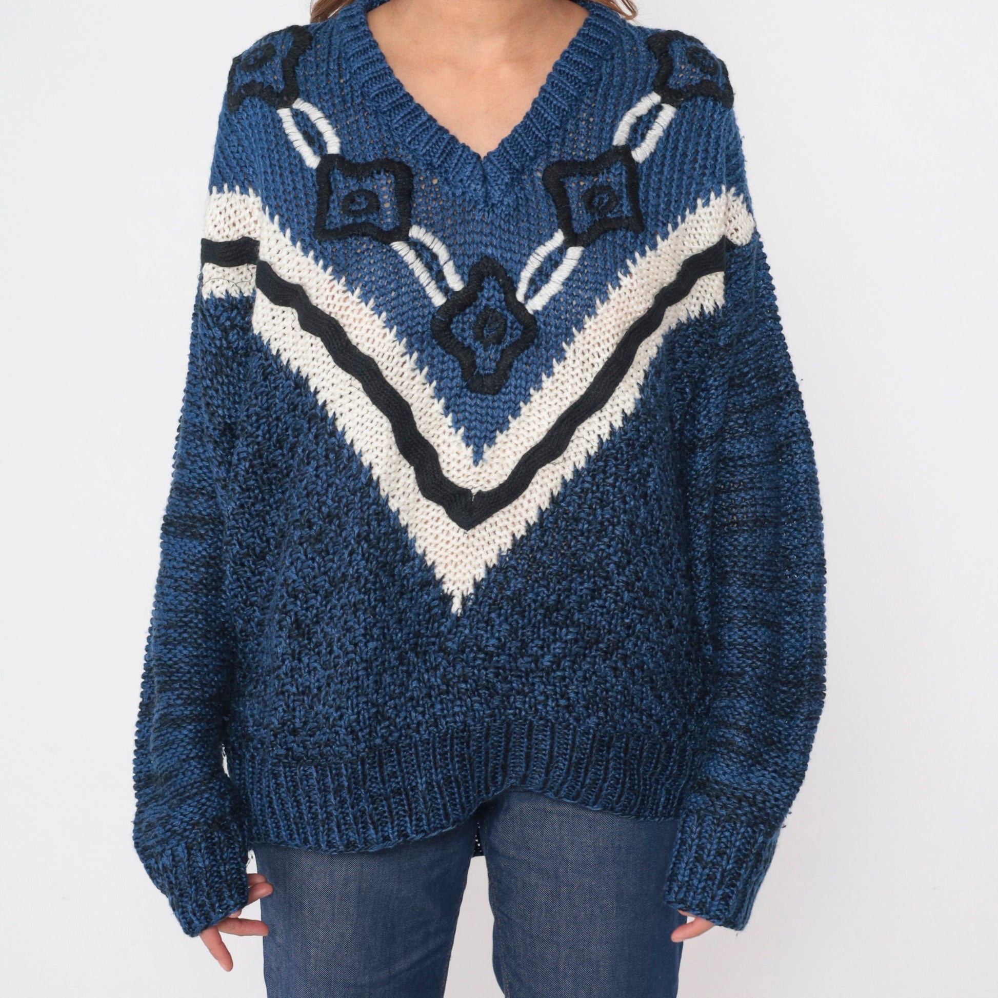 90s Embroidered Floral Knit Sweater Blue Black Chevron Stripe Extra Large