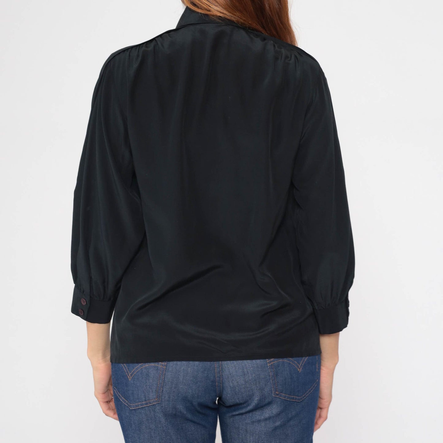 80s Black Floral Embroidered Blouse Cutout 3/4 Sleeve Button-Up Small
