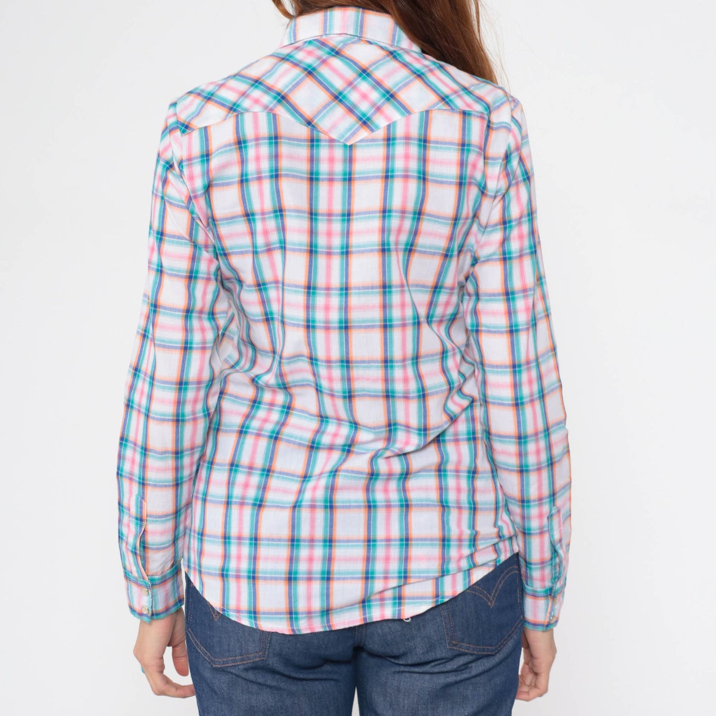 90s Wrangler Western Shirt Pearl Snap Plaid White Blue Pink Small Petite