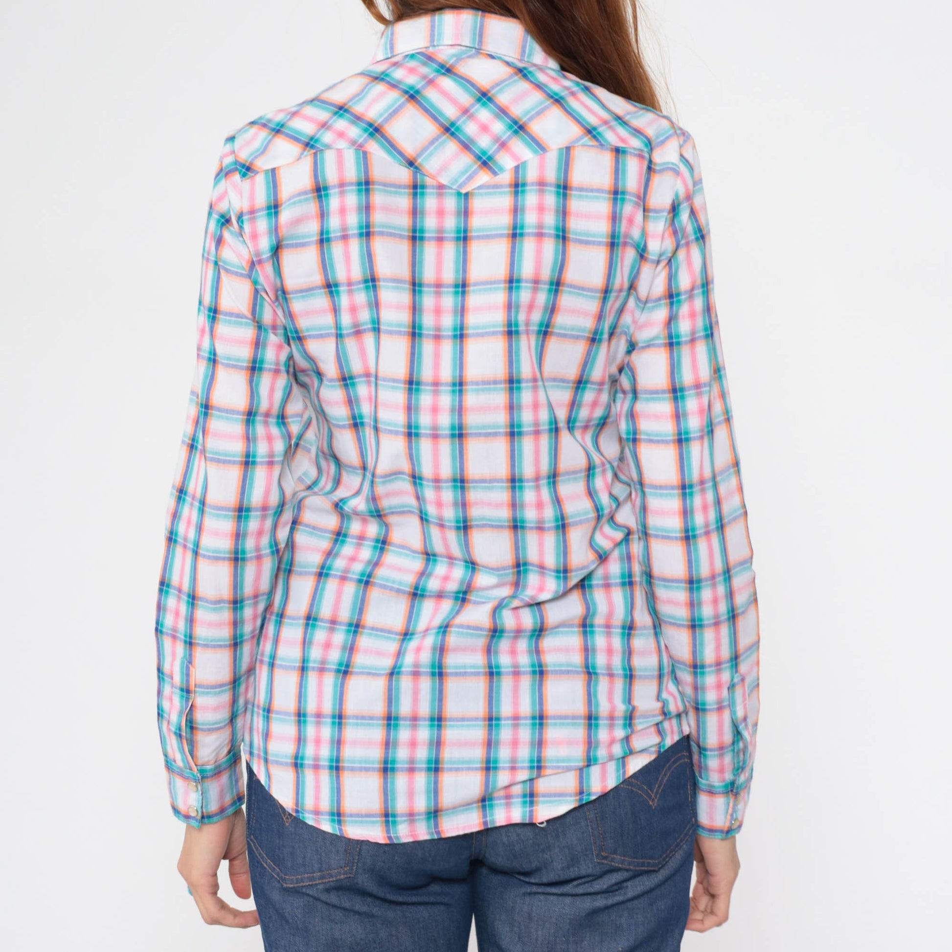 90s Wrangler Western Shirt Pearl Snap Plaid White Blue Pink Small Petite