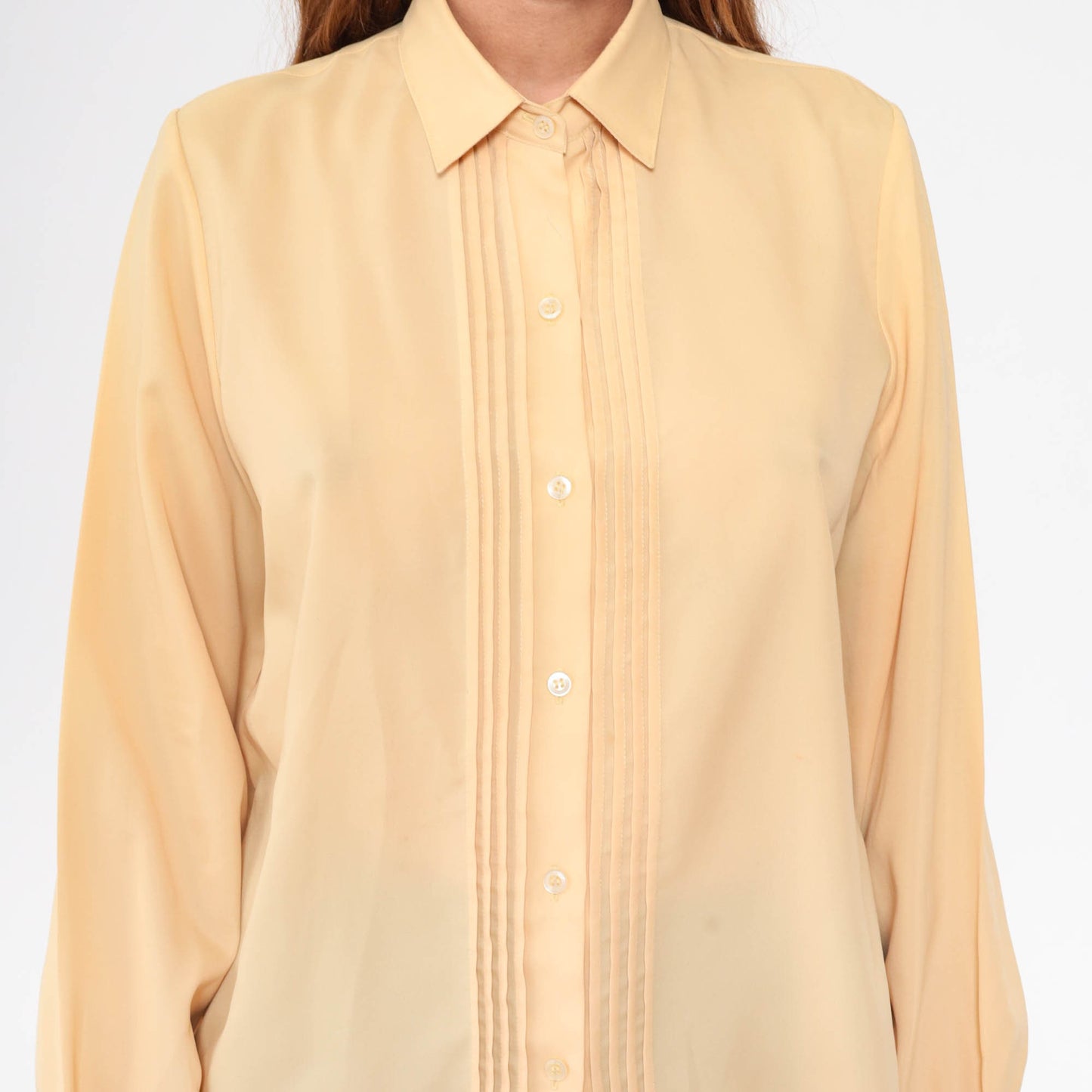 80s Yellow Pleated Button-Up Blouse Long Sleeve Collared Shirt Large L
