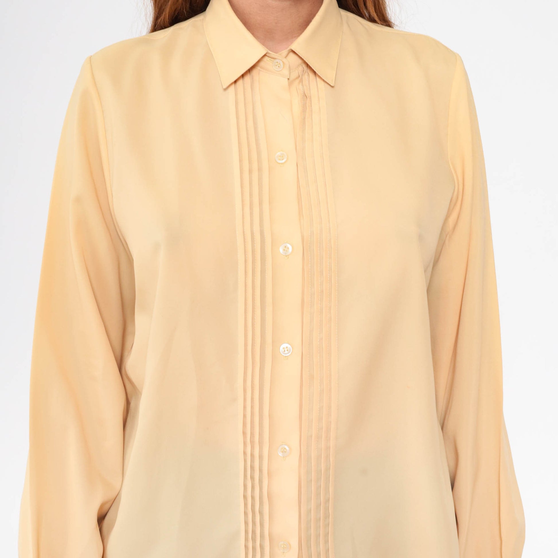 80s Yellow Pleated Button-Up Blouse Long Sleeve Collared Shirt Large L