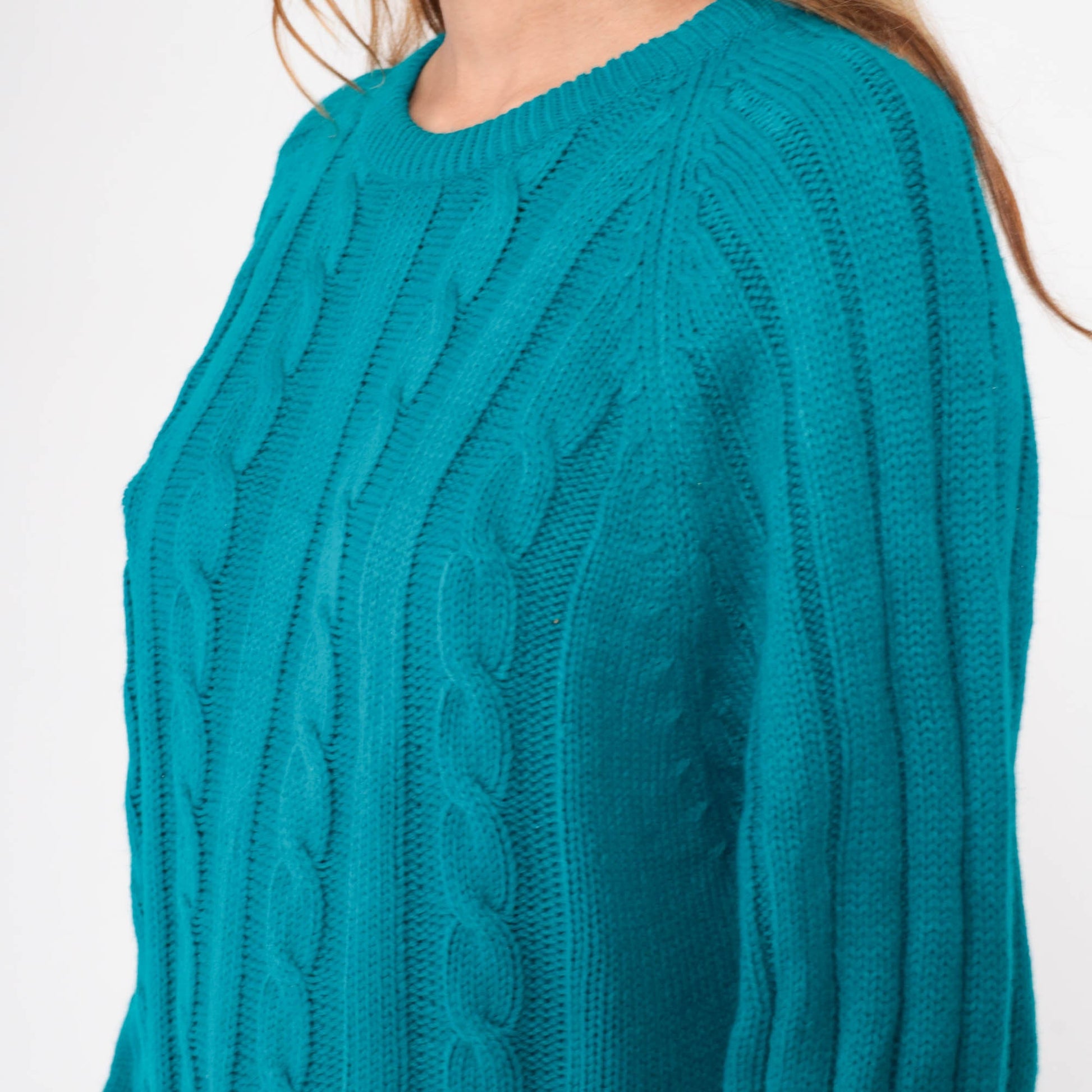 80s Wrangler Teal Cable Knit Crewneck Sweater Raglan Sleeve Medium