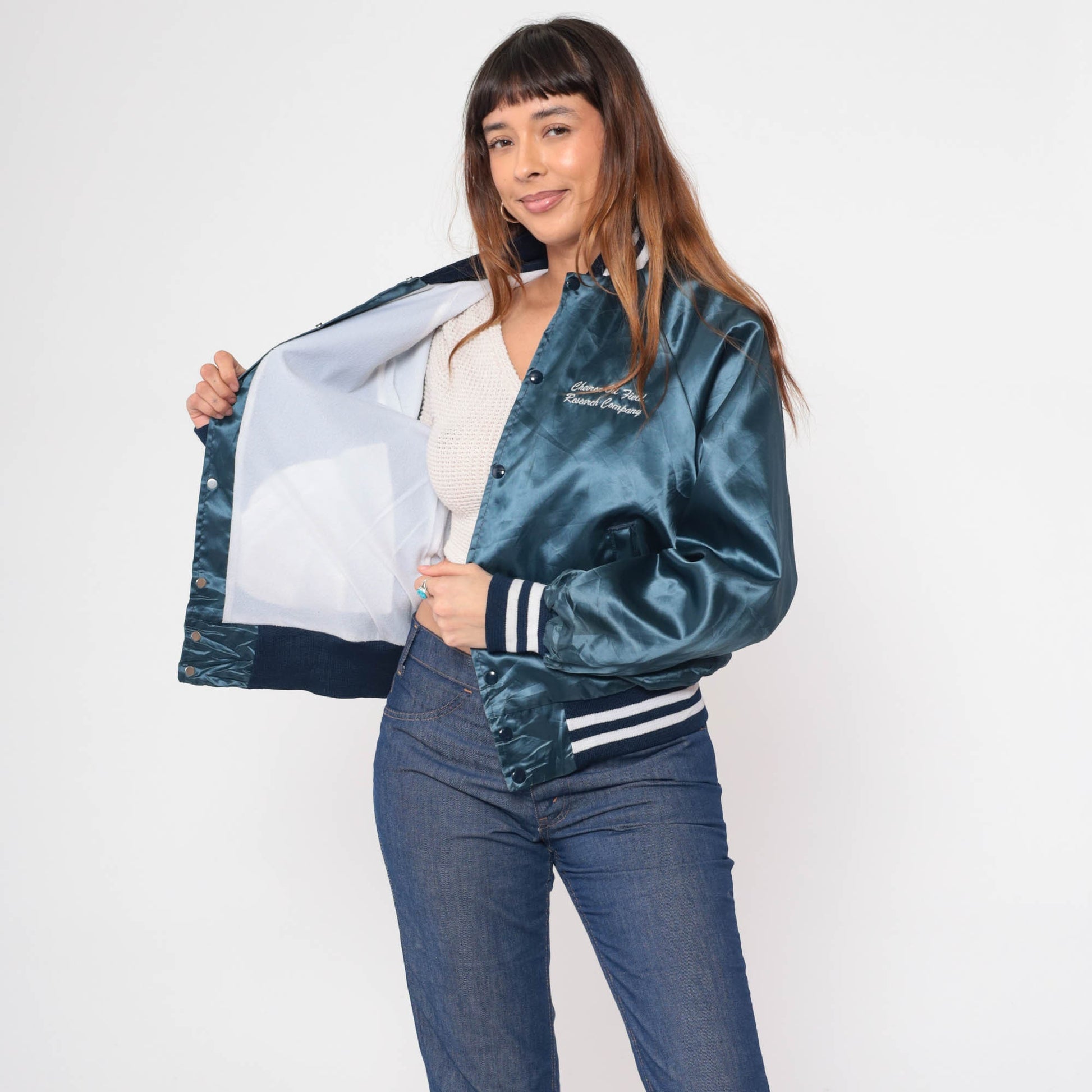 80s Chevron Oil Field Research Satin Bomber Jacket Blue Medium