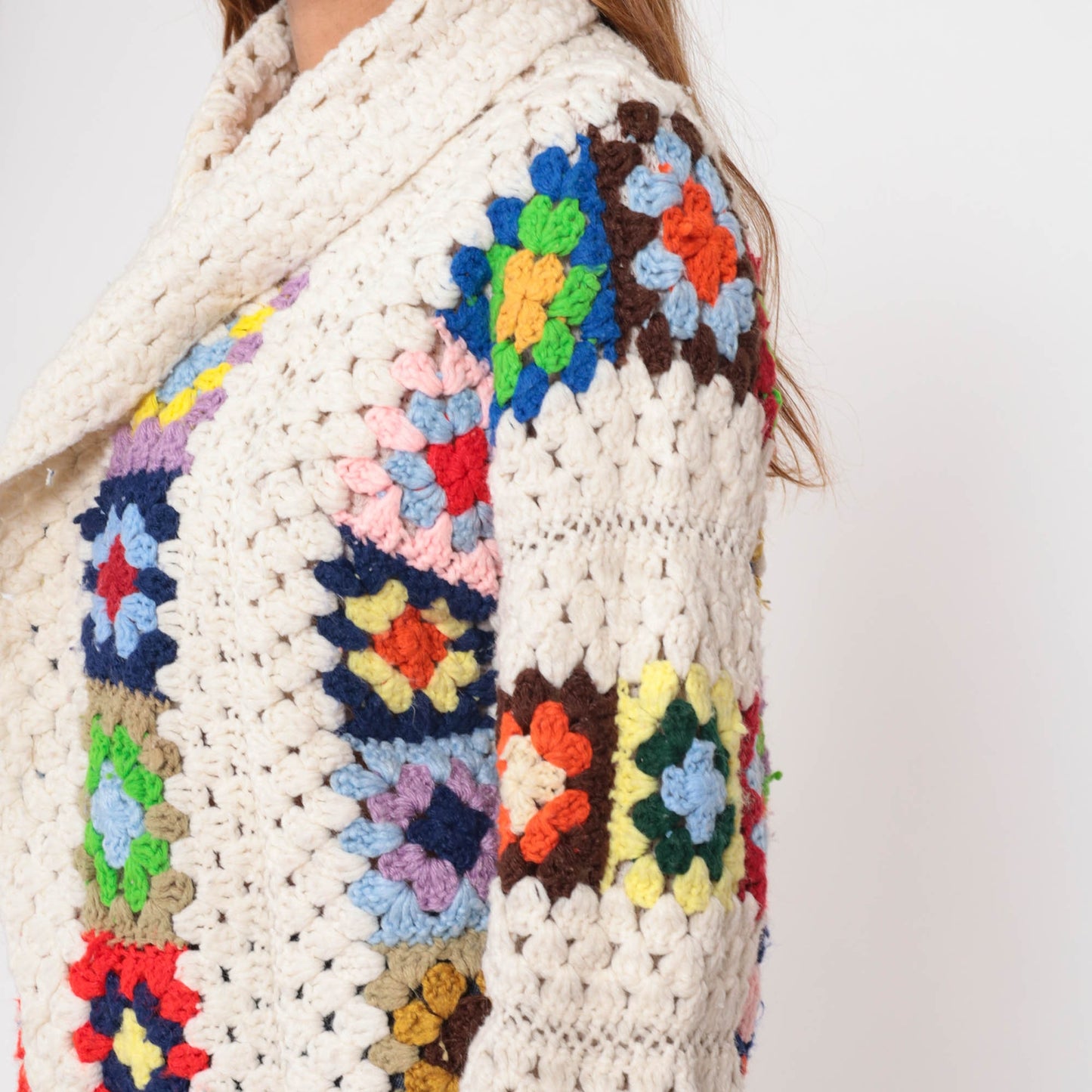 70s Crochet Cardigan Sweater Granny Square Afghan Knit Open Front Off-White Extra Large