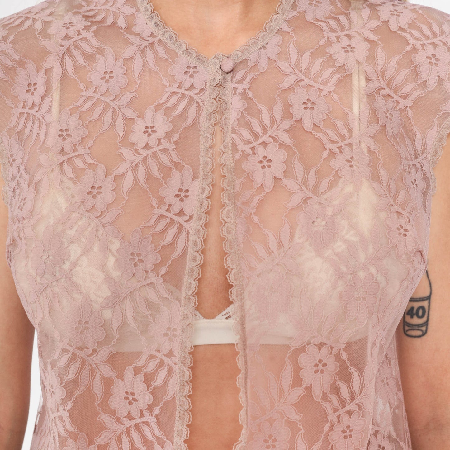70s Mauve Lace Jacket Cap Sleeve Open Front Blouse Small S