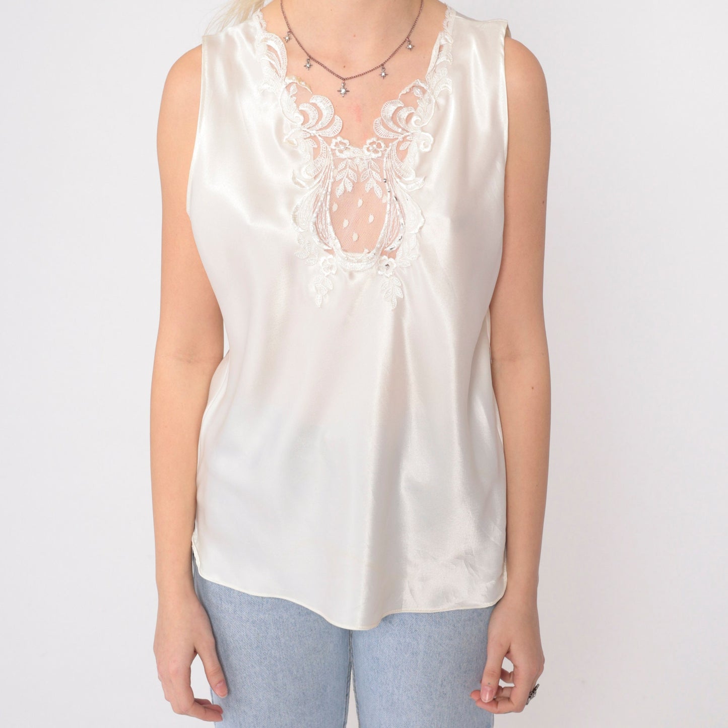 80s White Satin Camisole Tank Top Pearl Beaded Lace Trim Medium