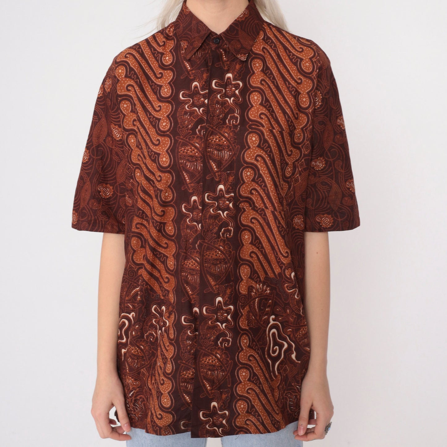 90s Batik Abstract Floral Button Up Shirt Brown Large