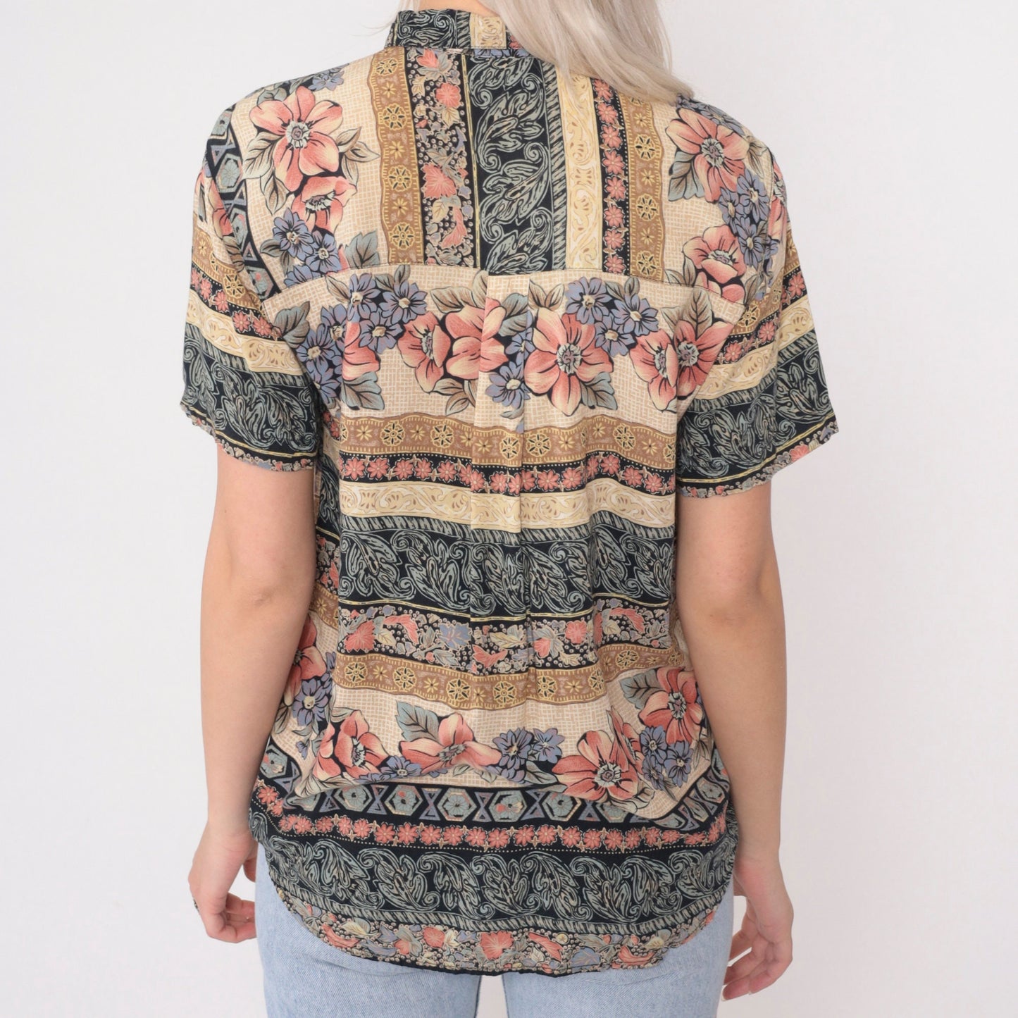 90s O.P.S New York Striped Floral Button-Up Blouse Navy Pink Cream Medium