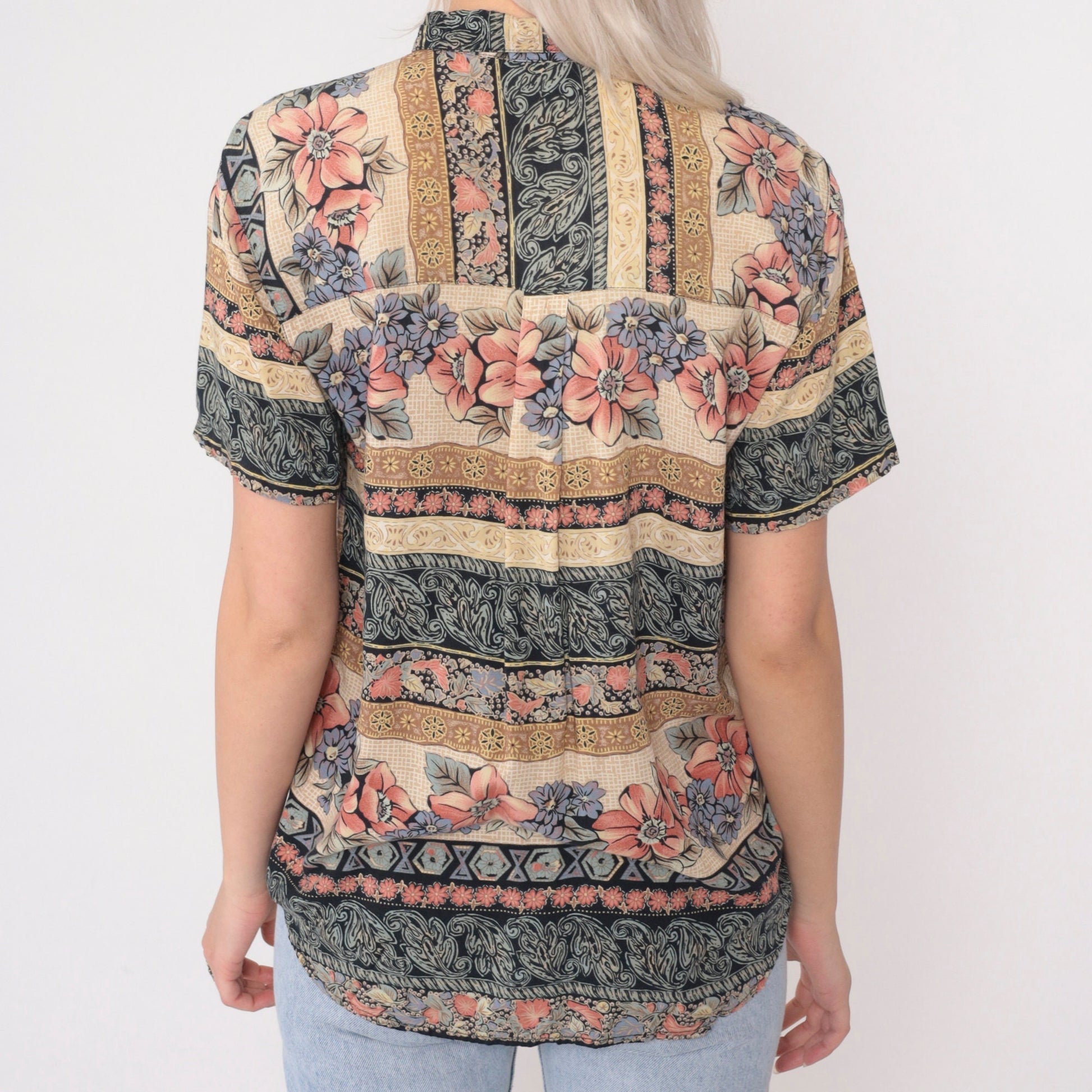 90s O.P.S New York Striped Floral Button-Up Blouse Navy Pink Cream Medium
