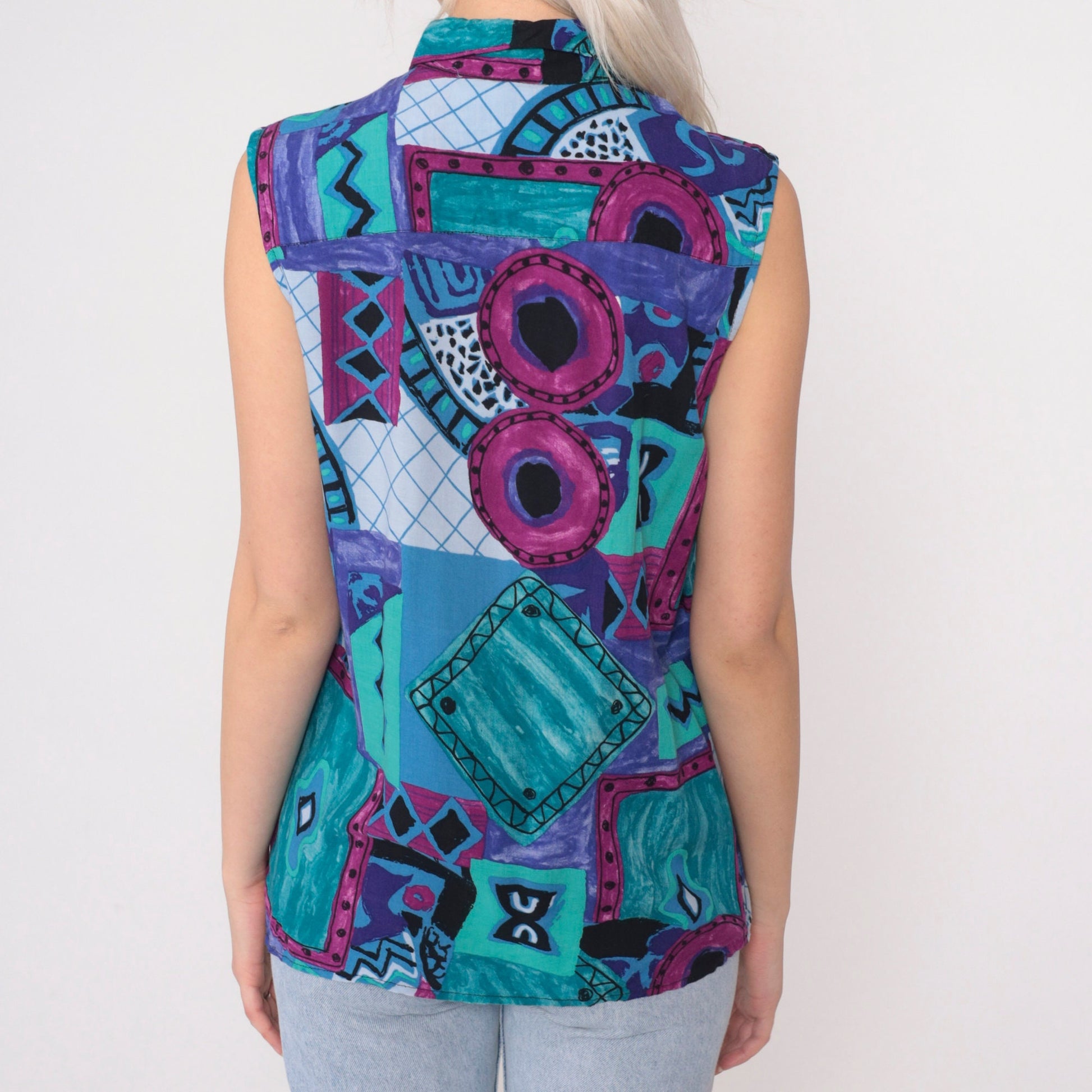 90s Geometric Patchwork Button-Up Tank Top Rayon Purple Blue Small