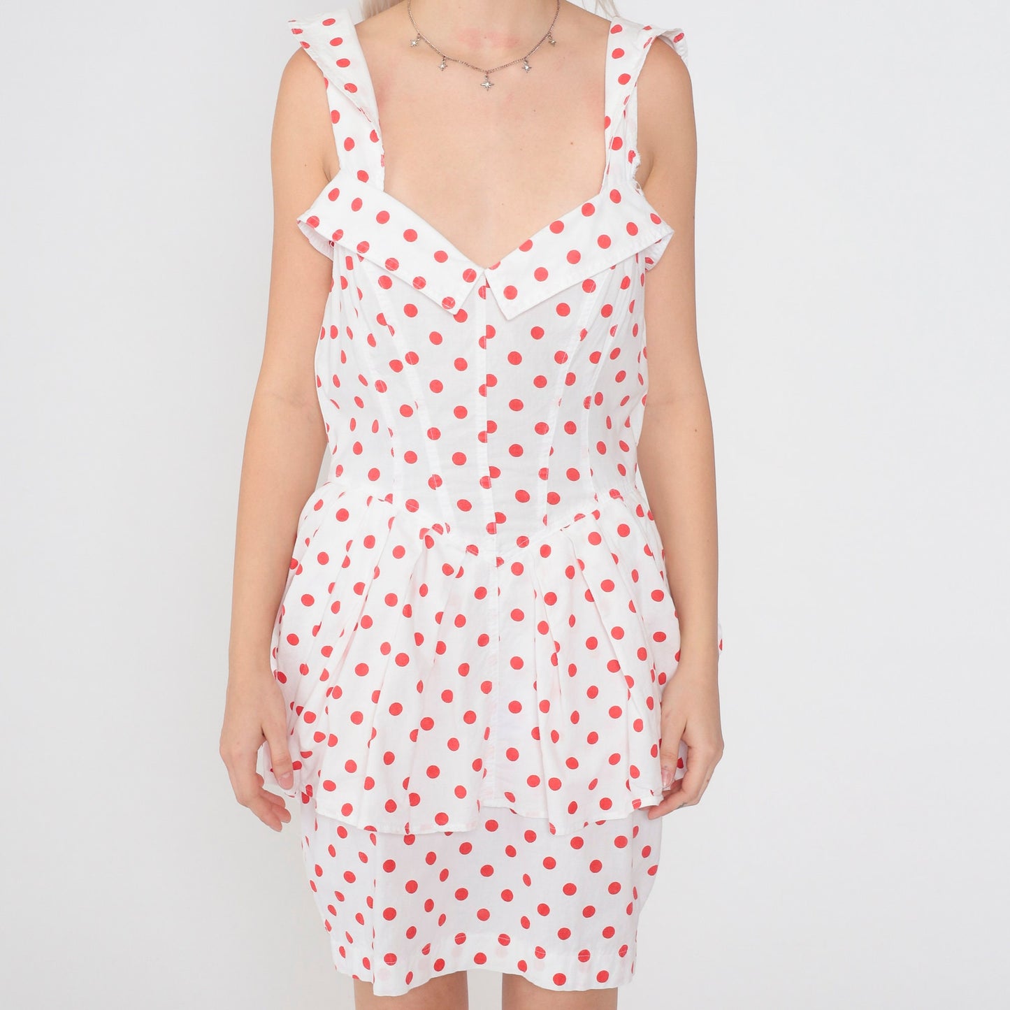 80s Karen Alexandra Polka Dot Mini Dress High Waist Peplum White Red Small