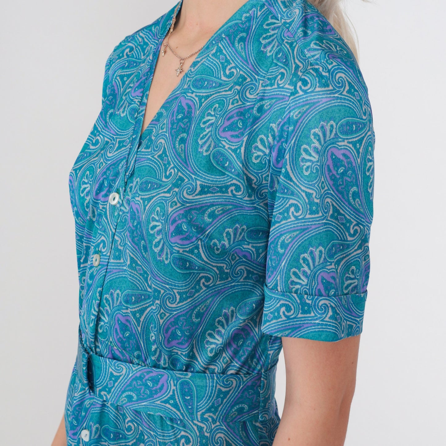 70s Blue Paisley Midi Dress Button-Up Shirtwaist High Waisted Medium