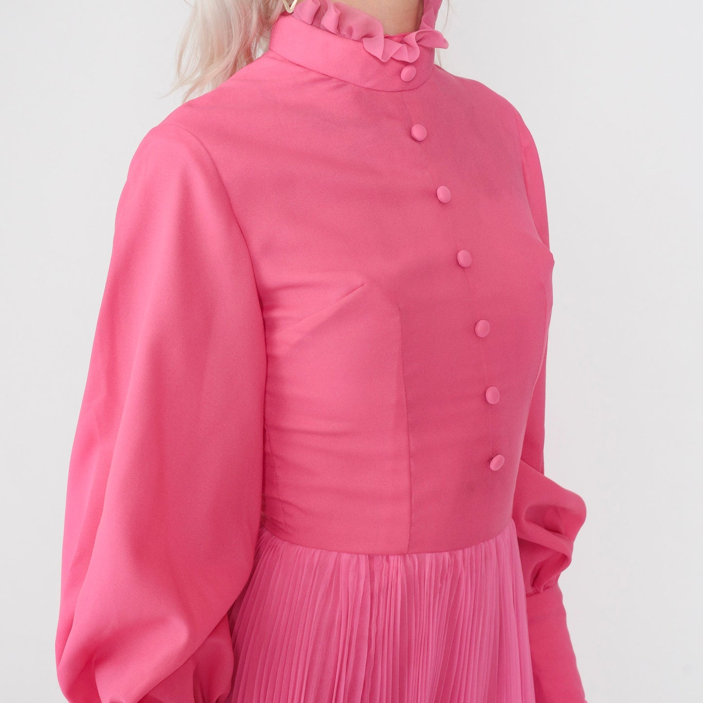 70s Hot Pink Maxi Dress Balloon Sleeve High Neck Ruffled Chiffon Extra Small