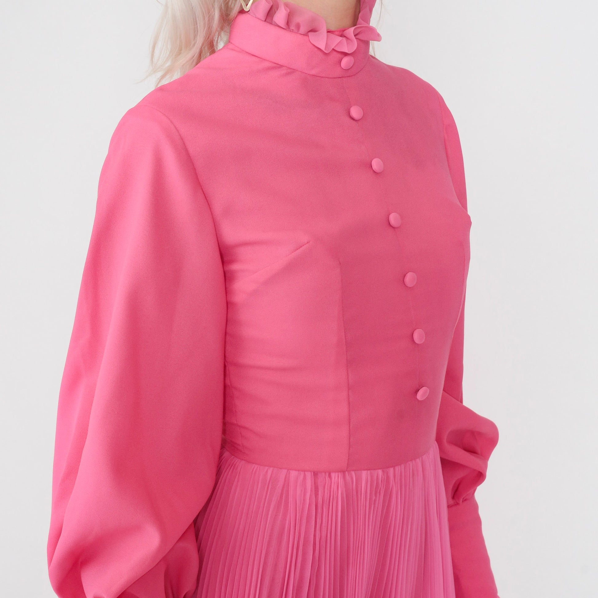 70s Hot Pink Maxi Dress Balloon Sleeve High Neck Ruffled Chiffon Extra Small