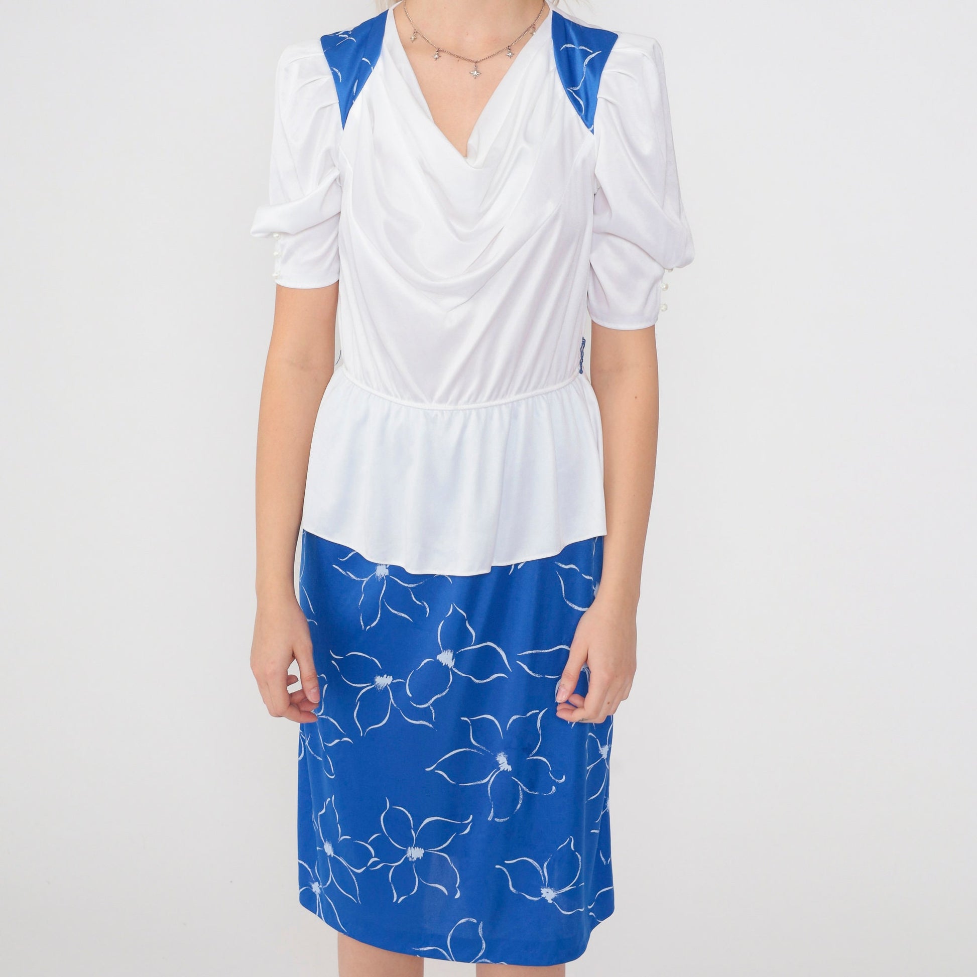 80s Peplum Puff Sleeve Midi Dress White Blue Floral Cowl Neck High Waisted Medium