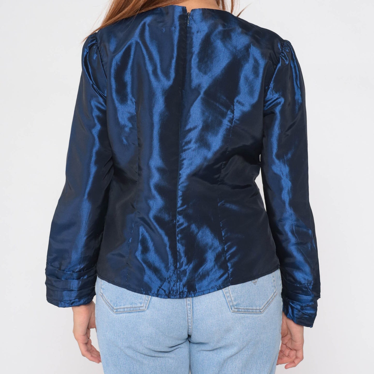 80s Metallic Blue Taffeta Blouse Puff Sleeve Fitted Party Top Medium