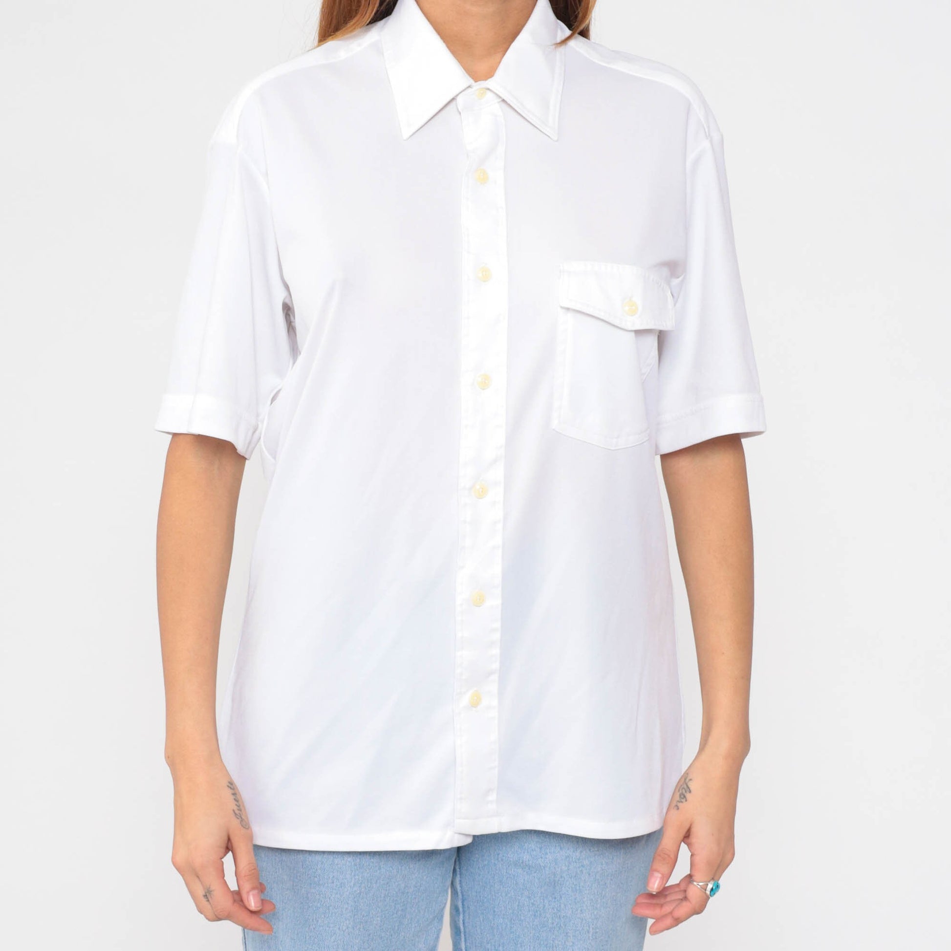 70s Sears White Button-Up Shirt Pointed Collar Utility Pocket Large L