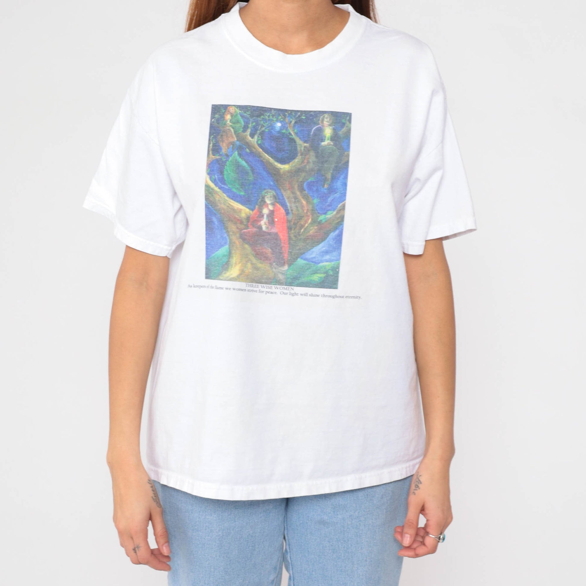 90s Three Wise Women Graphic T-Shirt White Feminist Slogan Large L