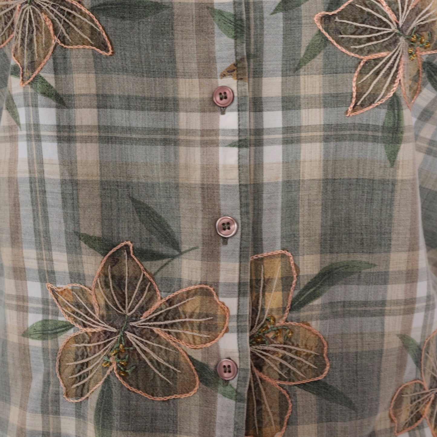 Y2K Plaid Floral Embroidered Button-Up Blouse Cotton Short Sleeve Medium M