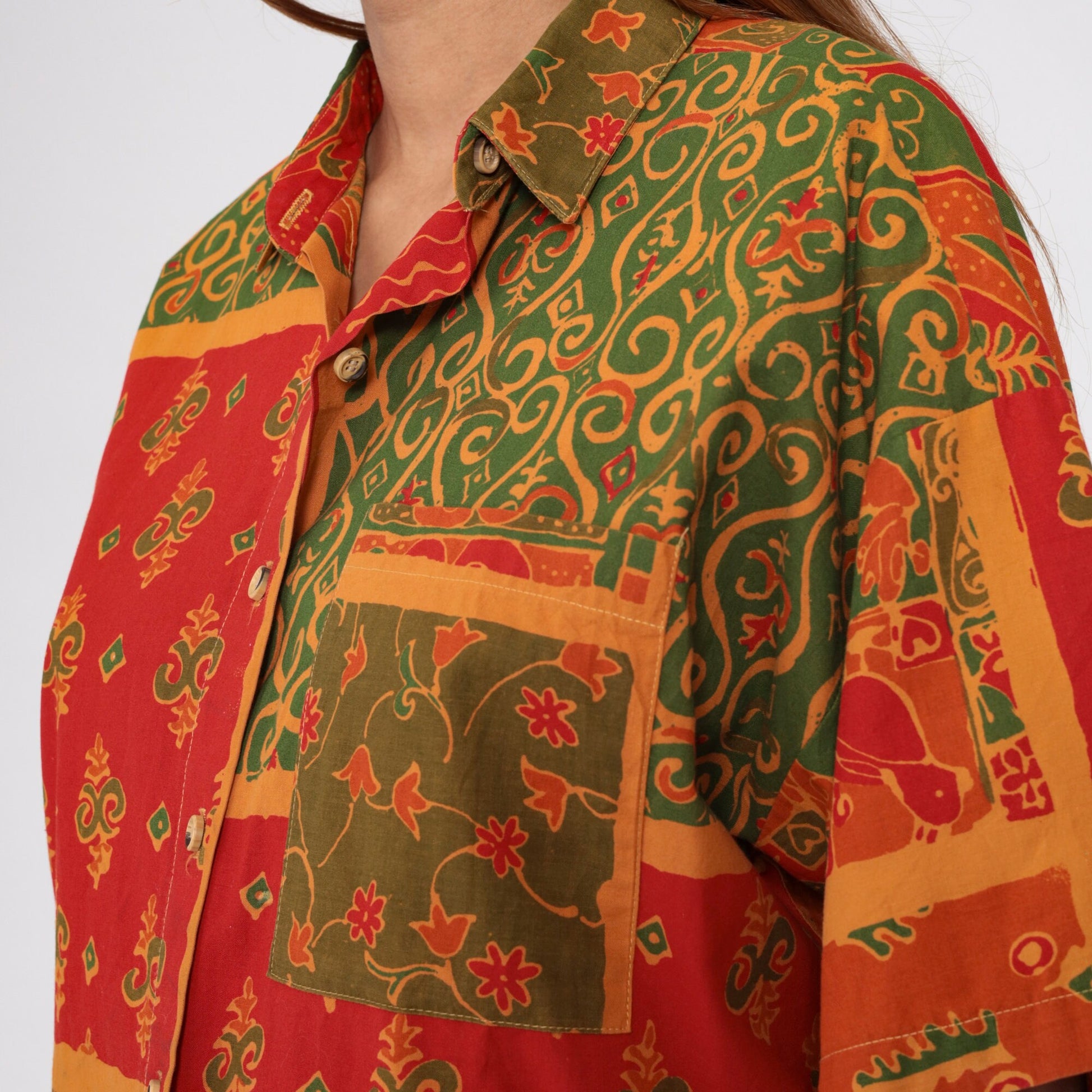 90s Indian Floral Button-Up Shirt Cotton Short Sleeve Collared Top Large