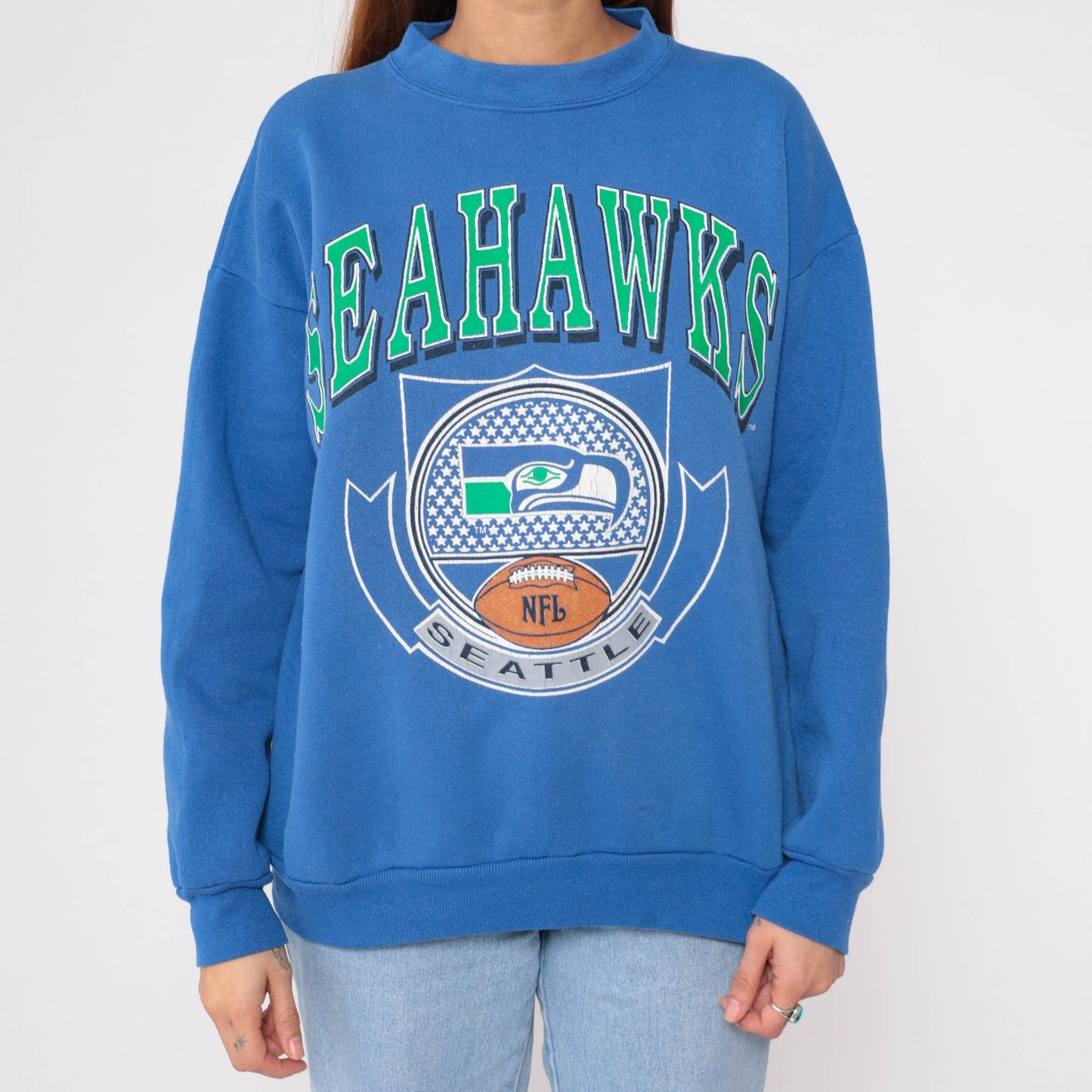 90s Seattle Seahawks NFL Sweatshirt Blue Crewneck Logo 7 Large
