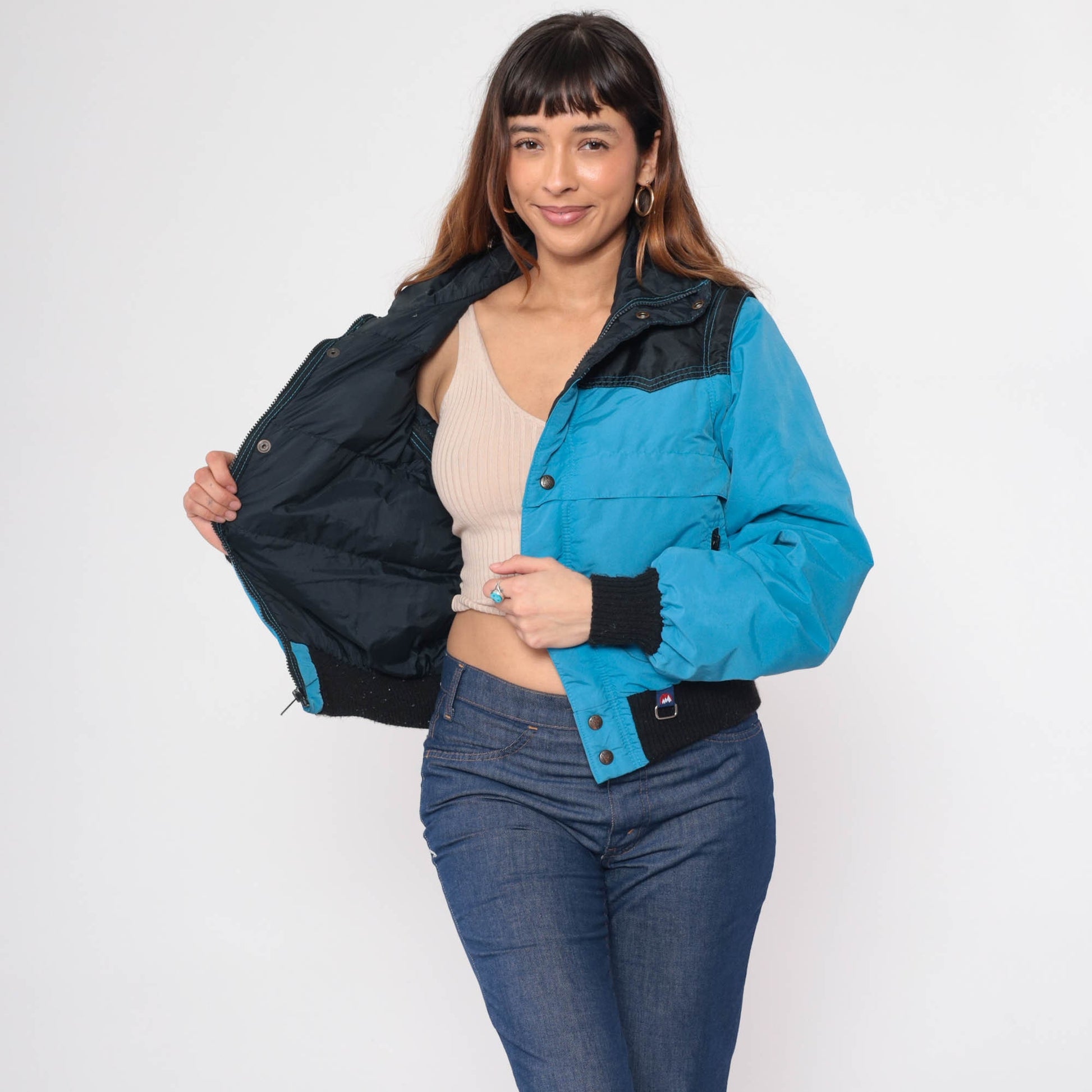 80s White Mountain Puffer Ski Jacket Blue Black Convertible Zip Sleeve Large